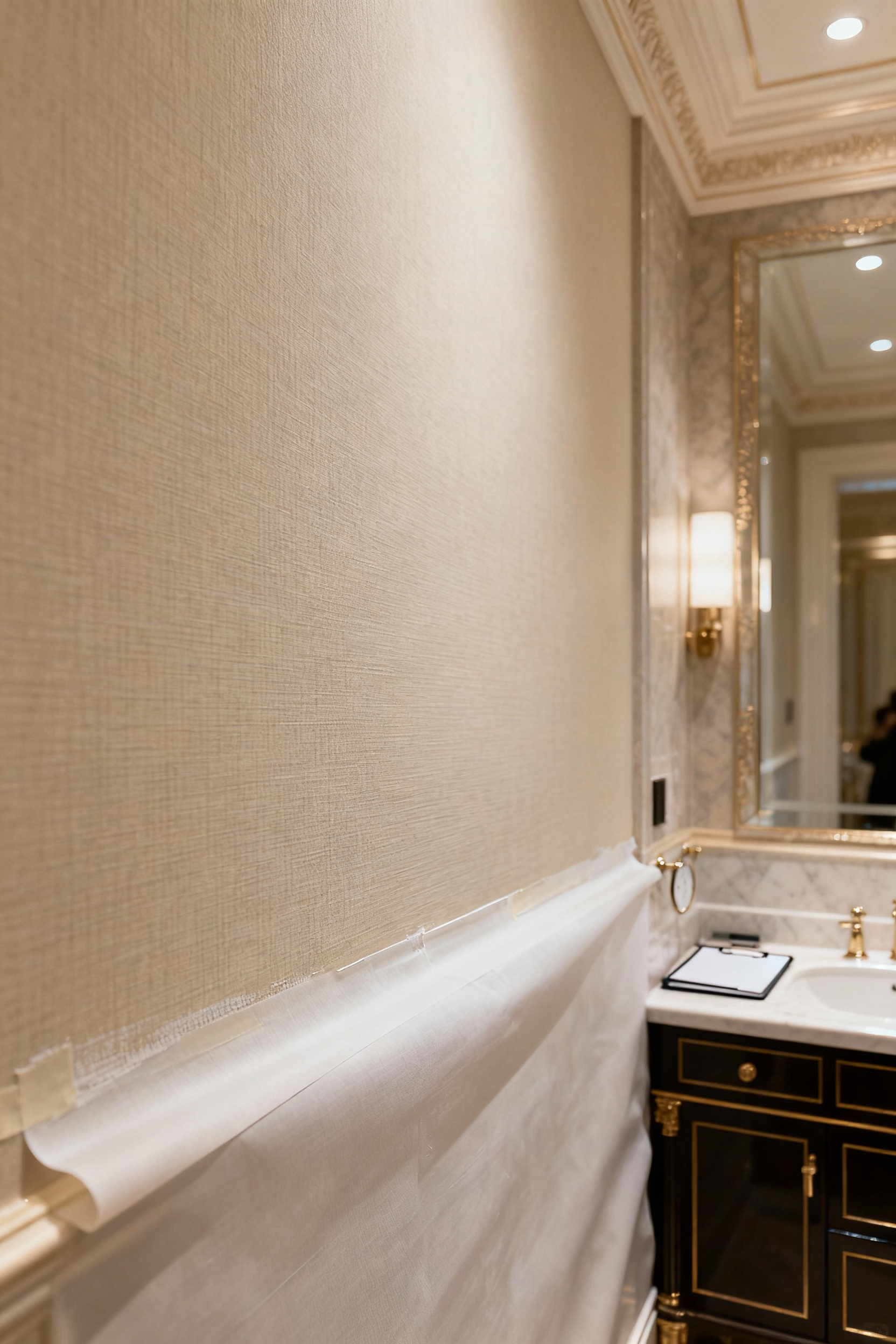 Close-up of a meticulously prepared maximalist bathroom wall substrate, showing a smooth, moisture-resistant surface ready for opulent wallpaper installation, emphasizing foundational quality.