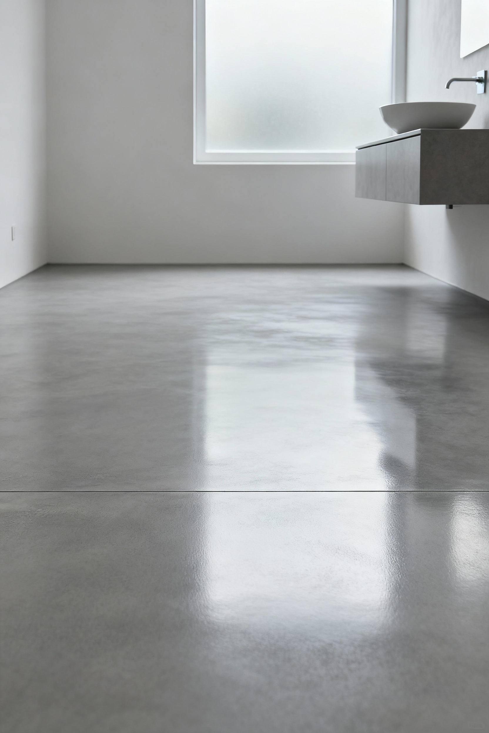 Modern bathroom with light grey polished micro-cement seamless flooring extending across the entire space, featuring a sleek wall-mounted vanity, clean lines, and hygienic surfaces.