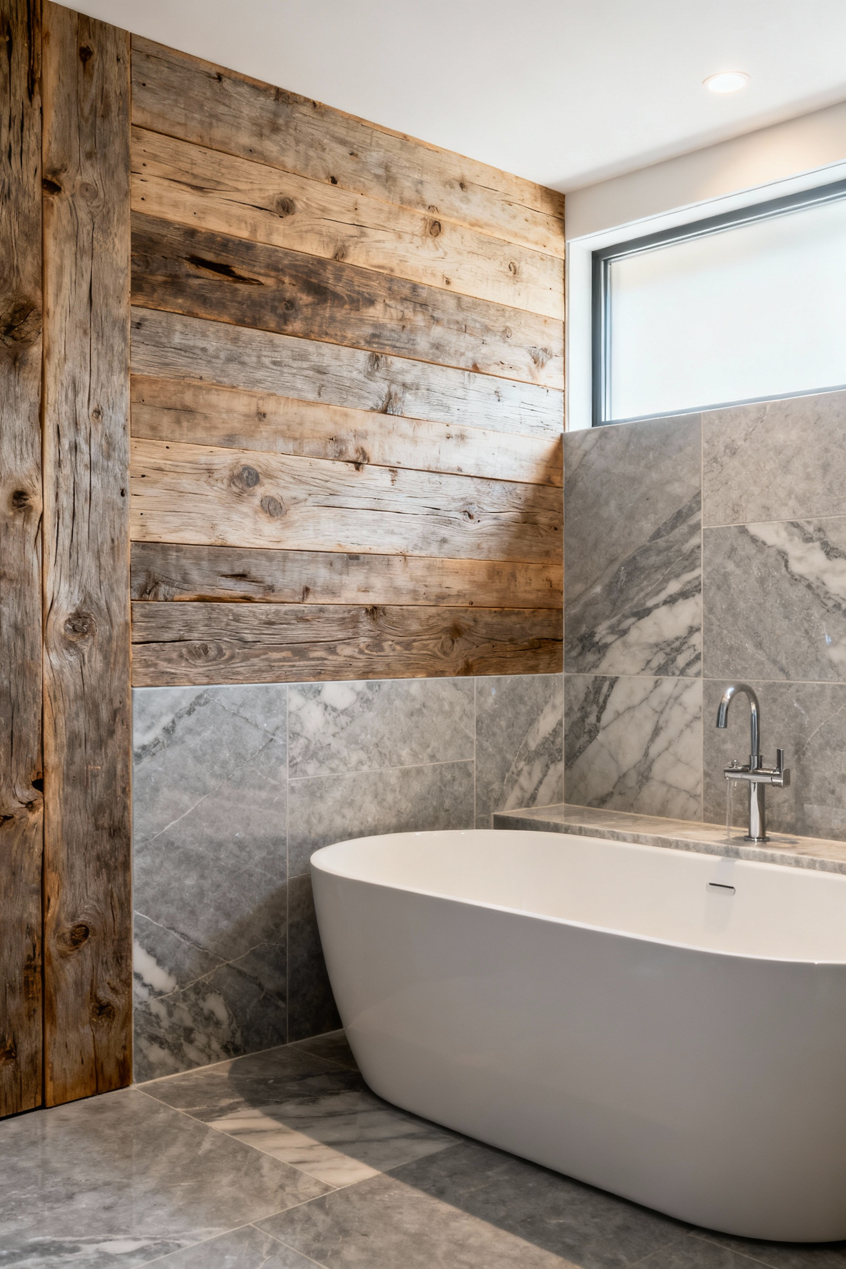 Biophilic bathroom flooring design featuring reclaimed wood and natural stone tiles, illuminated by soft natural light for a calming, restorative sanctuary atmosphere.