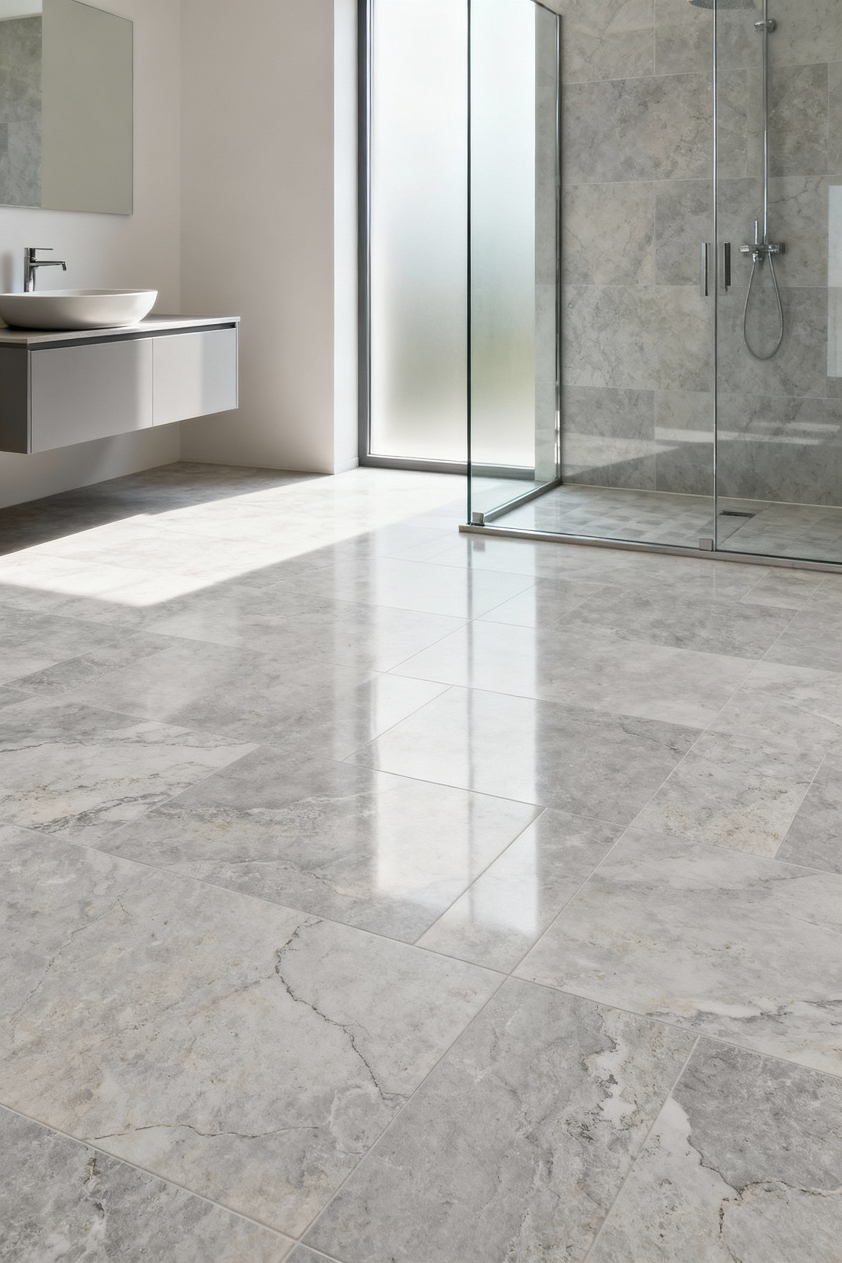 Bathroom with large-format light gray porcelain stoneware tiles mimicking limestone, glass shower, wall-mounted vanity, natural light. Emphasizing durability and biophilic design.