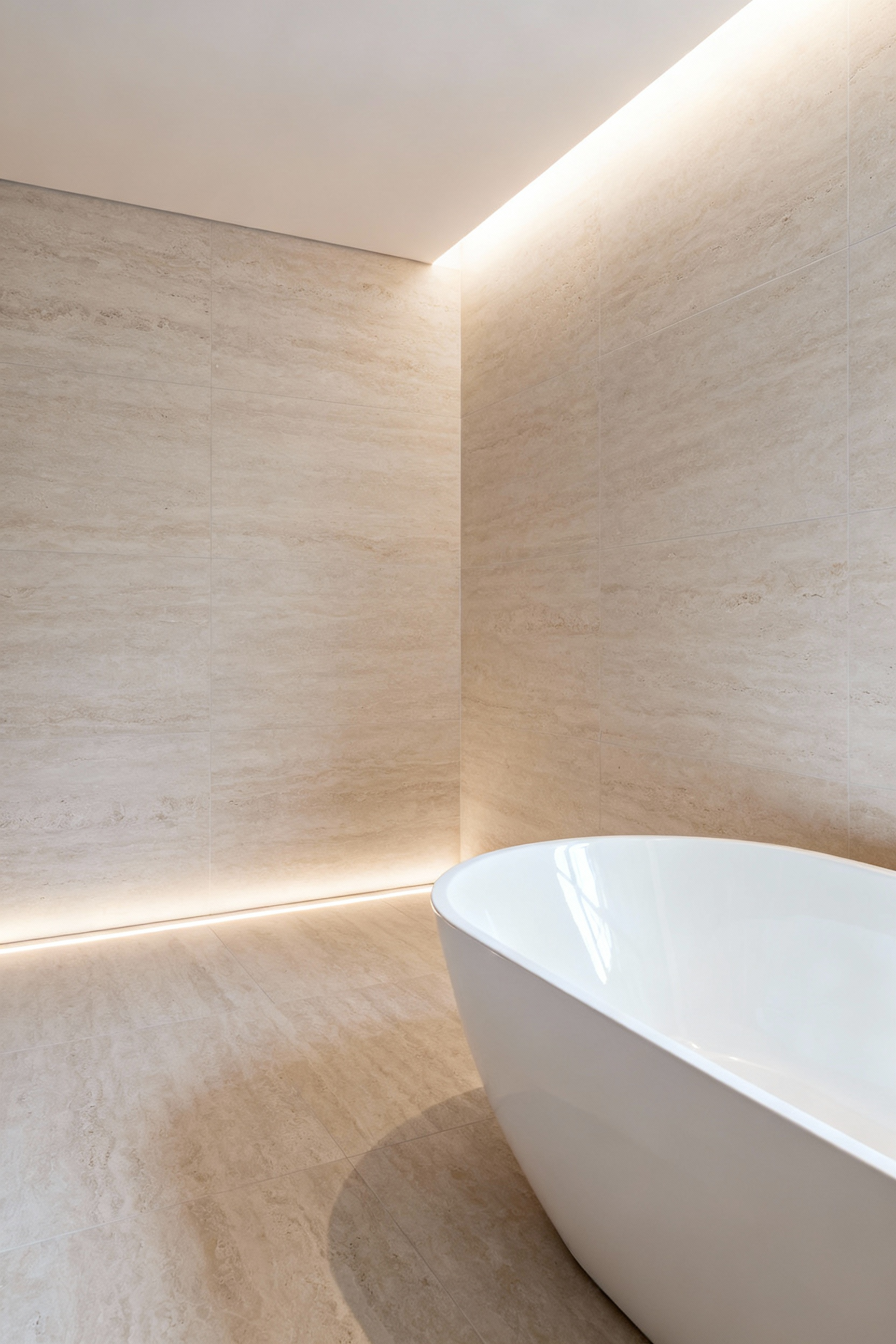 Modern small bathroom featuring seamless large-format porcelain tile flooring and wall panels in a light travertine pattern, creating an illusion of expansive space. A freestanding white bathtub is central. The image focuses on clean lines, visual continuity, and a tranquil, uncluttered biophilic design.