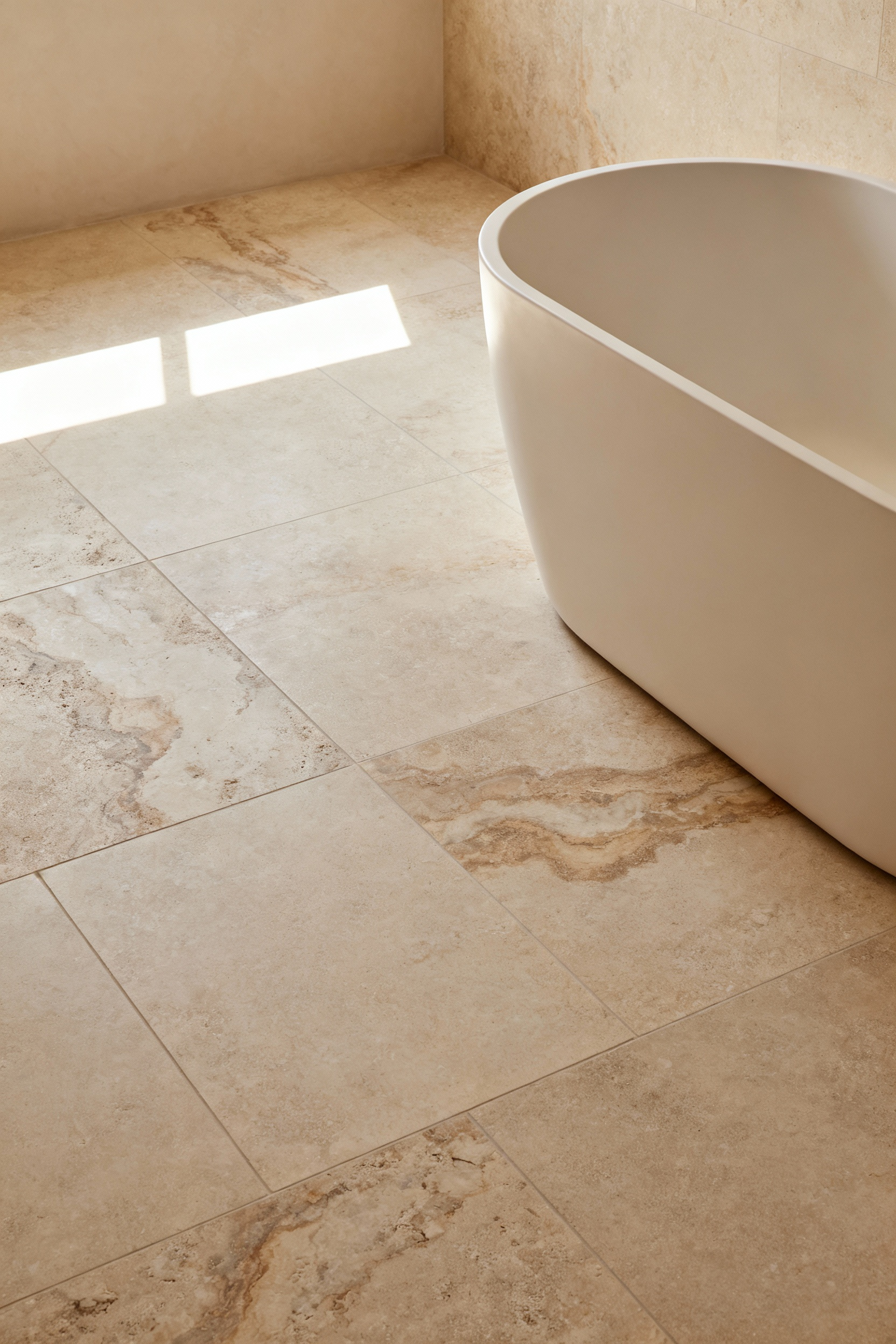 Serene bathroom with honed limestone flooring, highlighting architectural psychogeography and emotional resonance of underfoot surfaces.