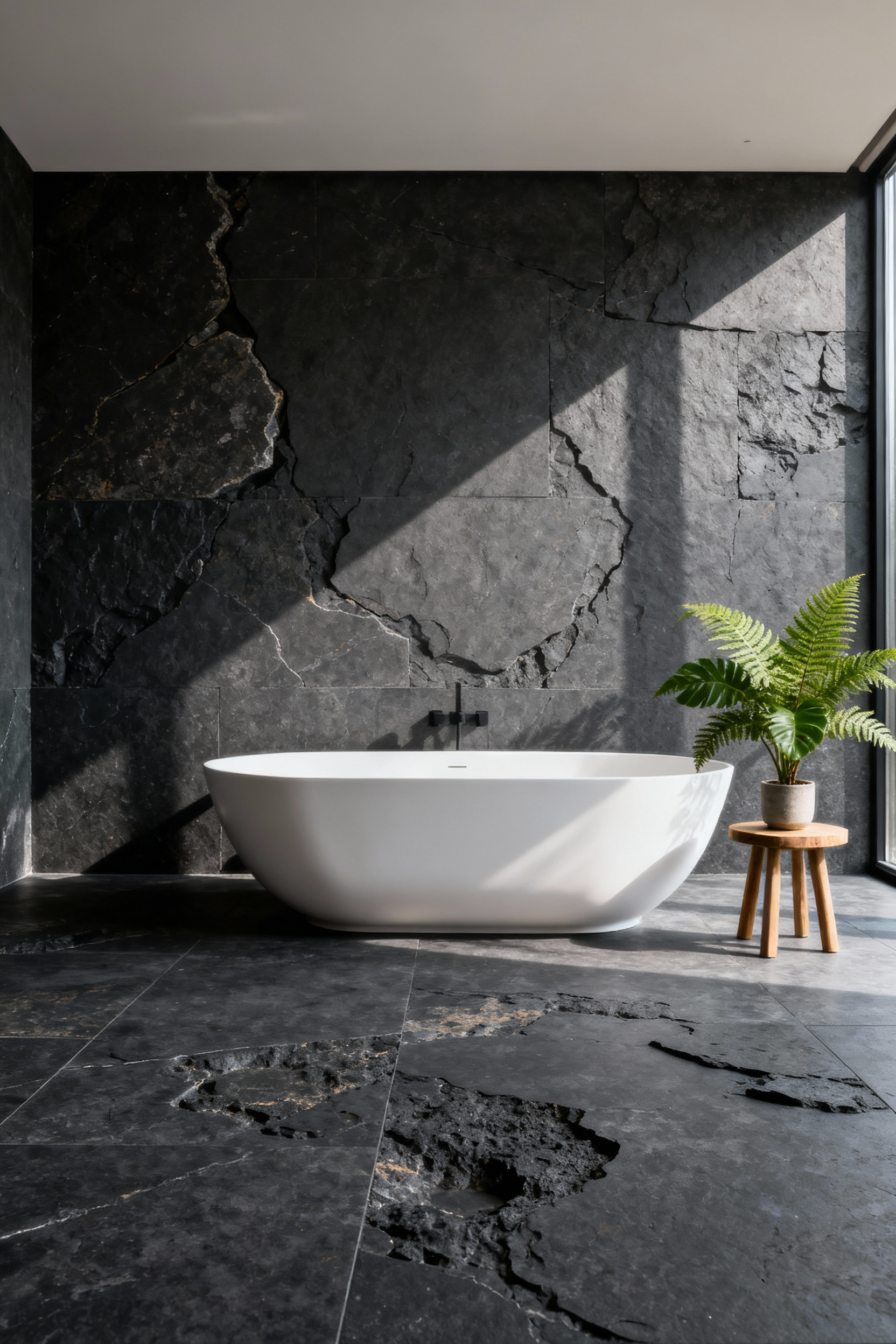 Luxurious modern bathroom with honed dark grey natural stone bathroom flooring, showcasing unique geological patterns, soft natural light, a white freestanding tub, and a biophilic plant, creating a calming, primal elegant atmosphere.