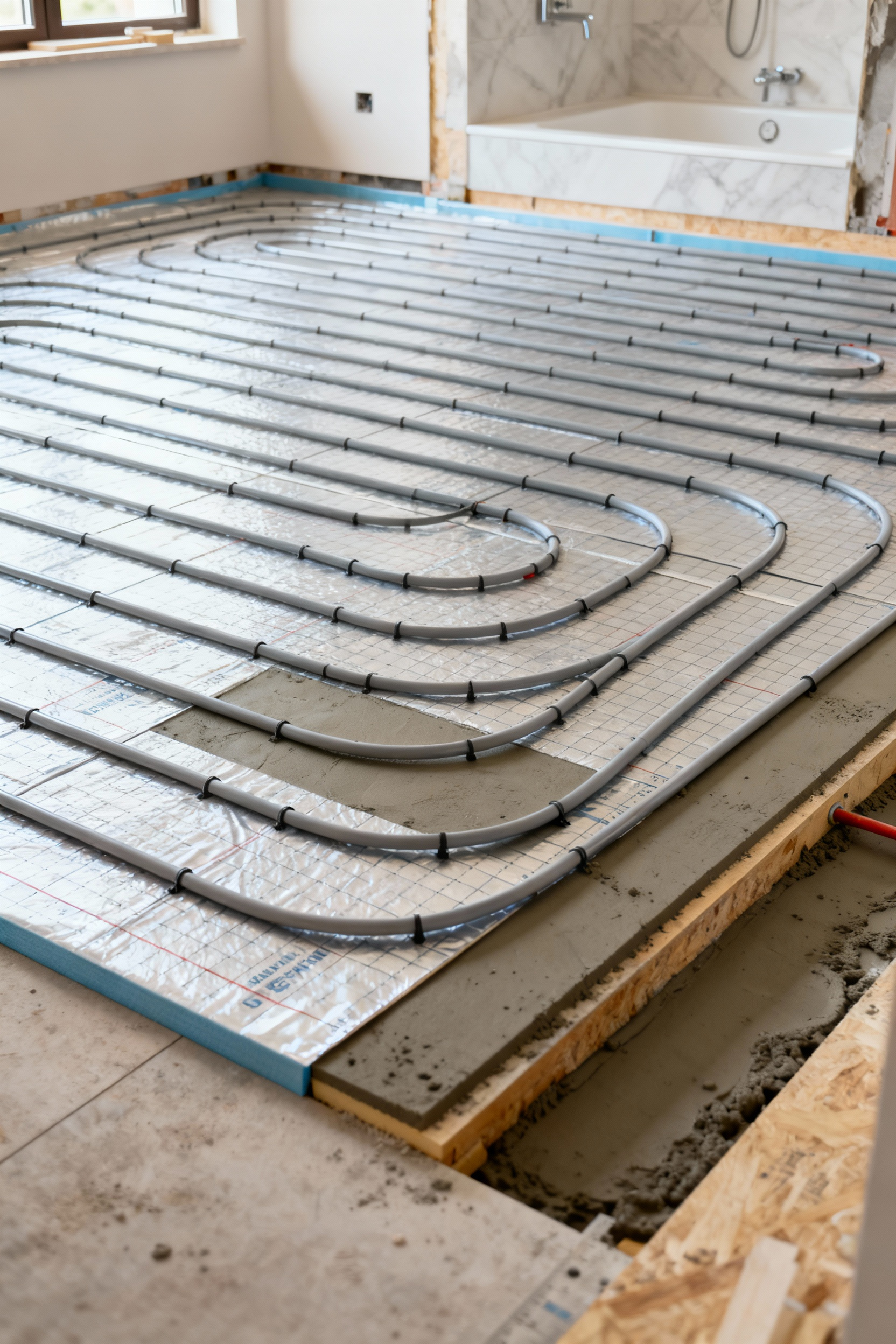 Radiant heating system being installed on a multi-layered subfloor in a modern bathroom, showing efficient thermal load management