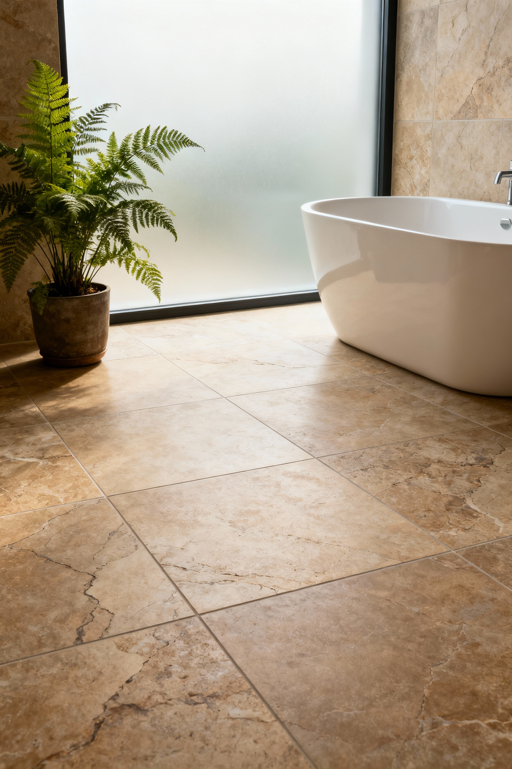A tranquil bathroom with durable large-format natural stone tile flooring, a white freestanding tub, and a potted fern, lit by soft natural light, conveying lasting sanctuary.