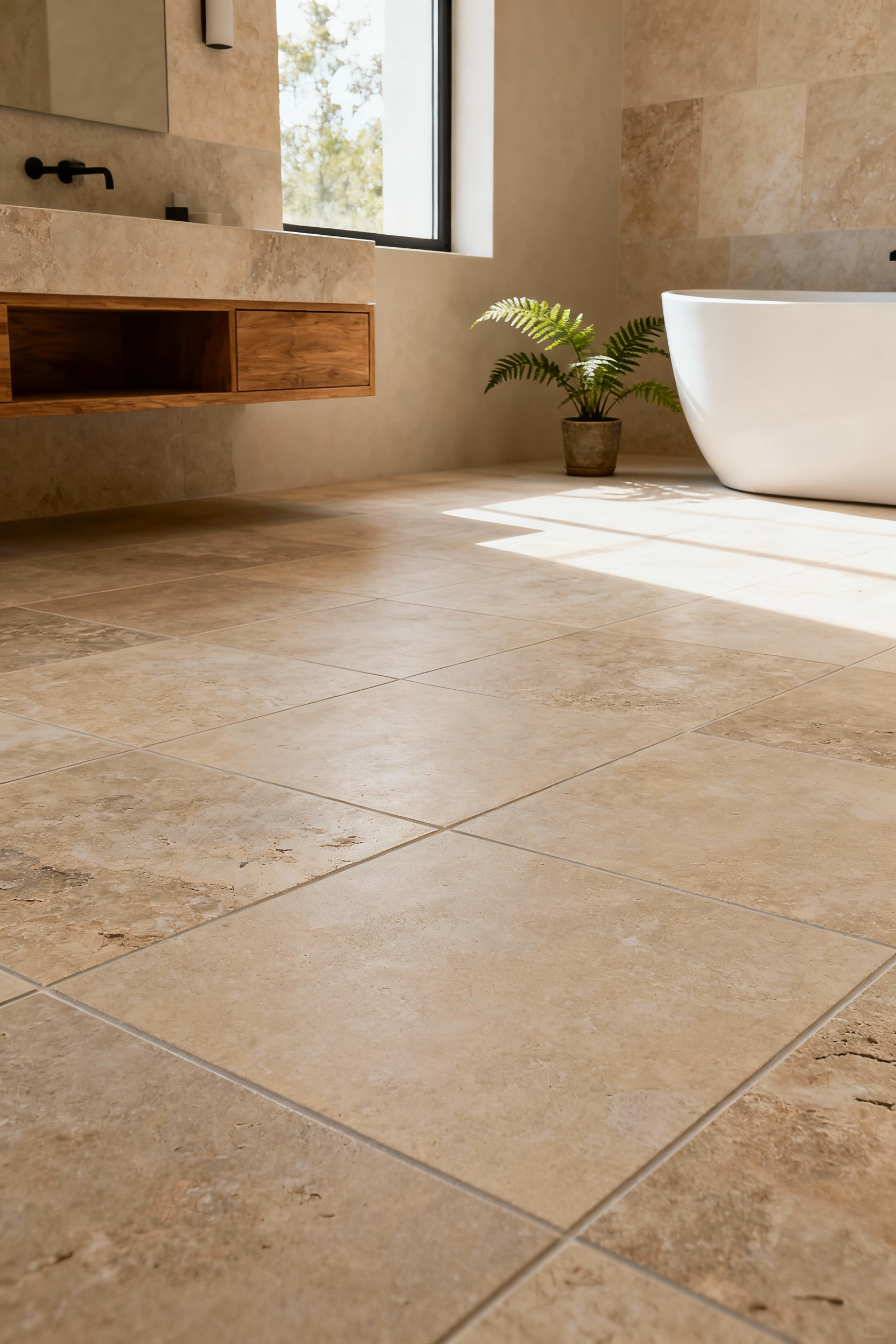 Serene bathroom with adaptable, subtly textured natural stone biophilic flooring, exhibiting temporal grace and designed for future-proofing.