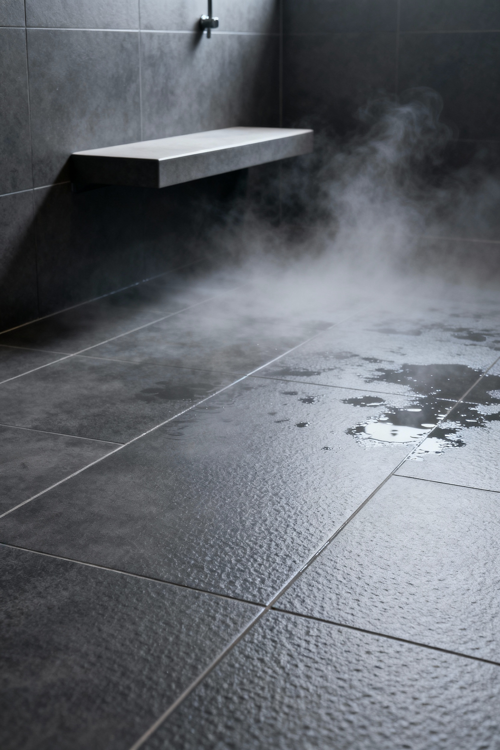 Textured biophilic bathroom flooring with anti-slip treatment, wet surface with water droplets, focus on enhanced friction and safety.