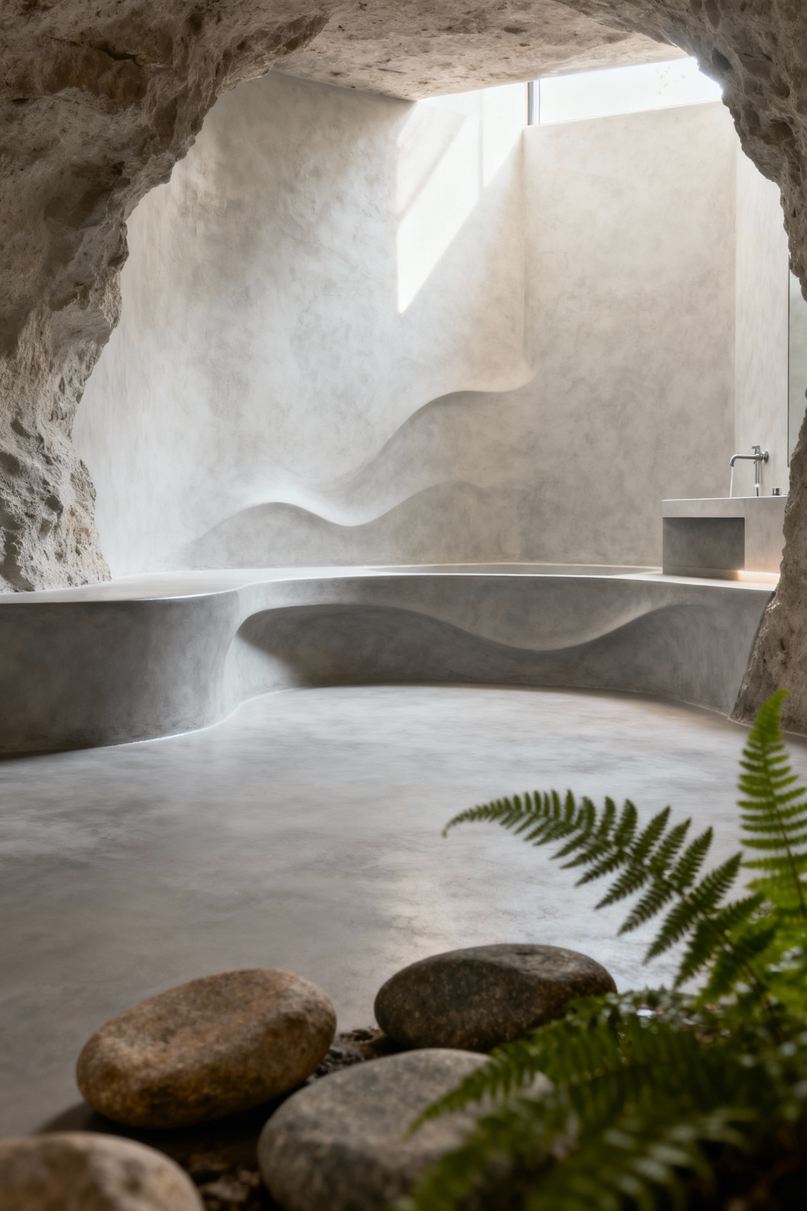 Seamless light grey microcement bathroom floor and walls with flowing biomorphic shapes, promoting a tranquil and durable biophilic design.