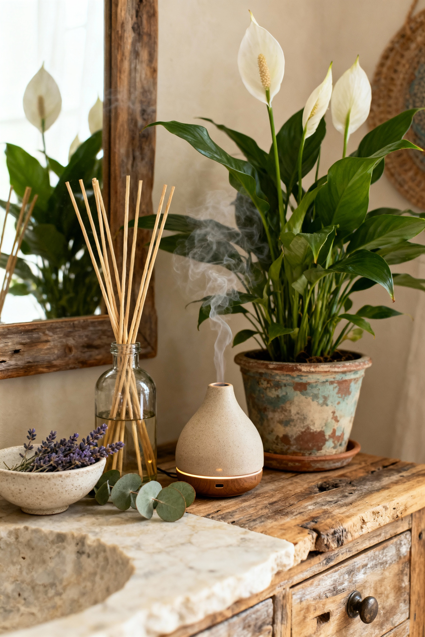 A bohemian bathroom vignette featuring a signature scent profile with natural reed diffusers in upcycled glass, a ceramic diffuser, dried botanicals in bowls, and a live plant on a reclaimed wooden vanity, all under soft natural light.