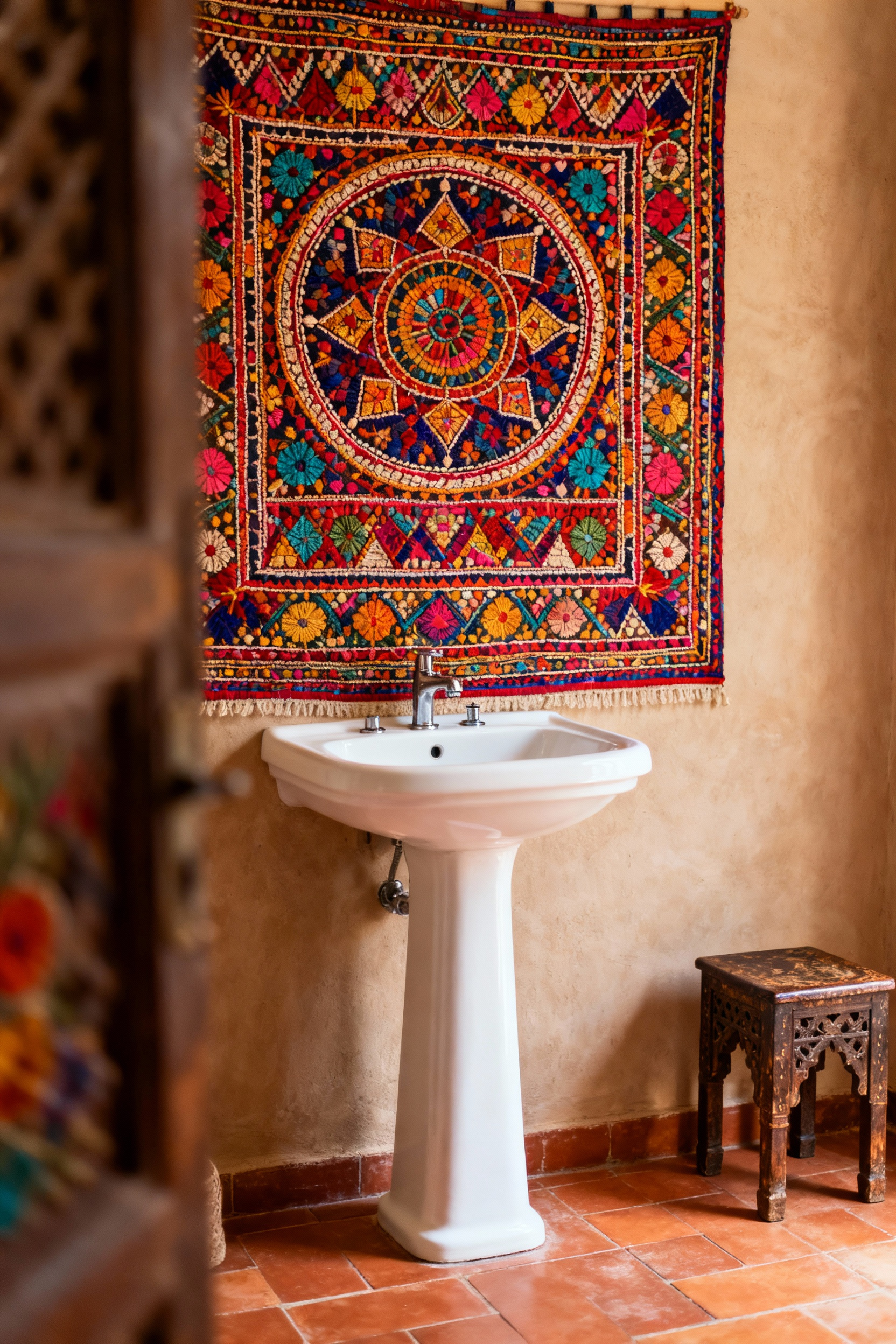Vibrant Banjara vintage textile wall hanging behind a pedestal sink in a bohemian bathroom, showcasing global decor.