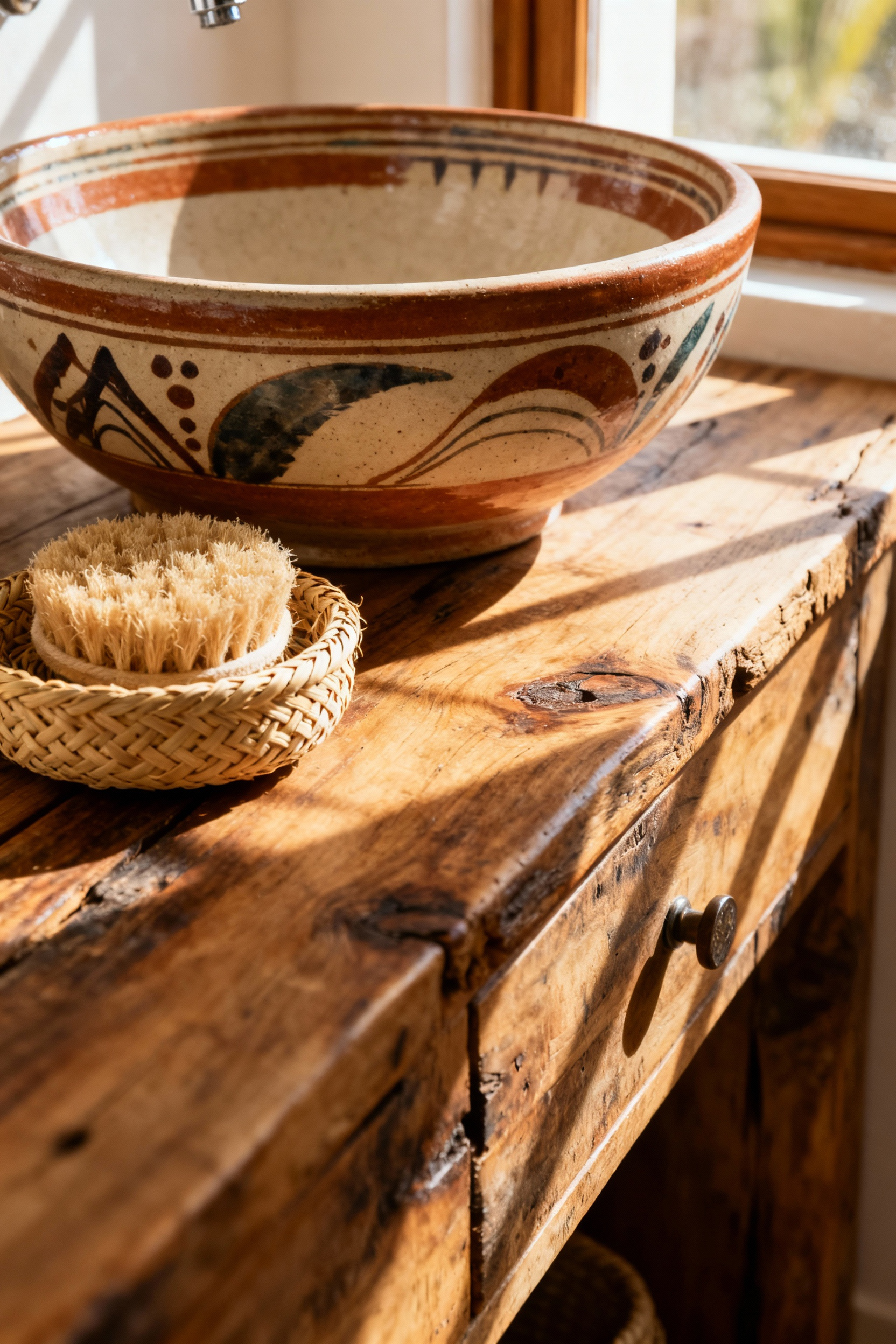 Bohemian bathroom with a hand-painted ceramic vessel sink on a reclaimed wood vanity, showcasing unique artisanal details.