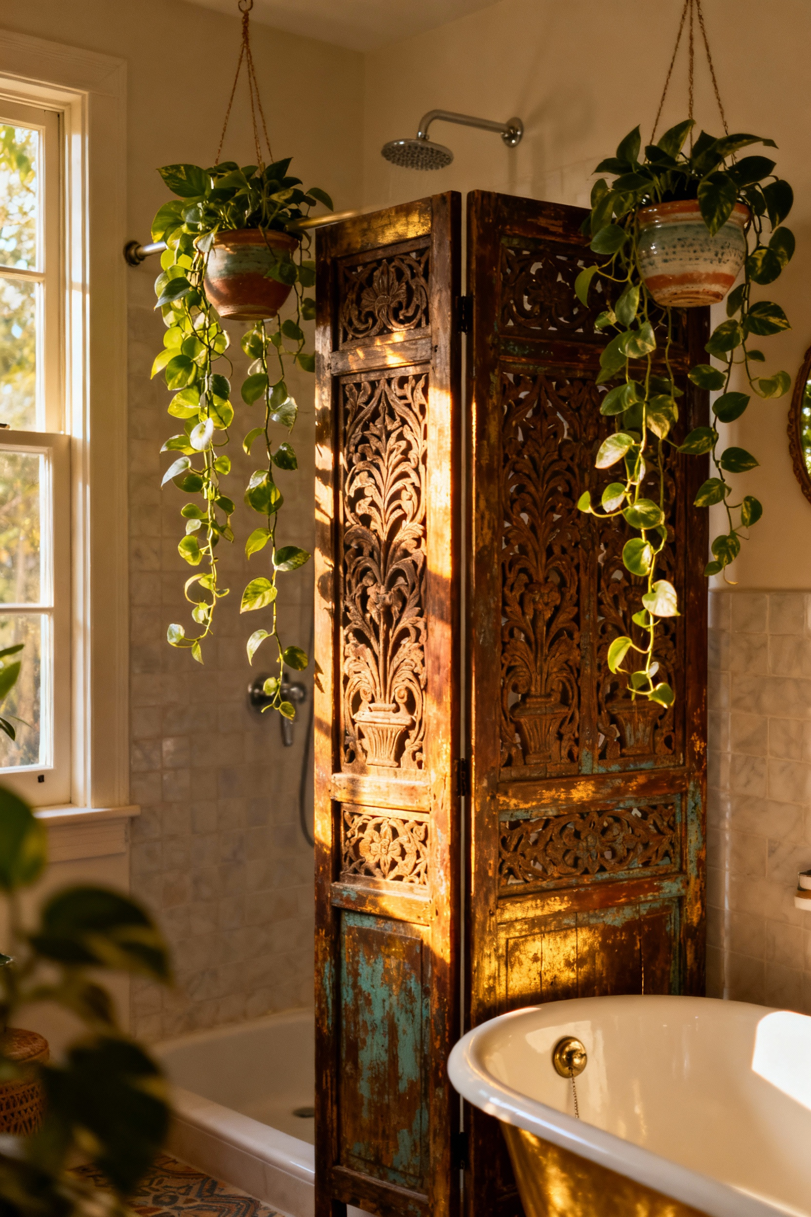 Bohemian bathroom with unique room divider made from salvaged architectural element, antique carved wood, sustainable design