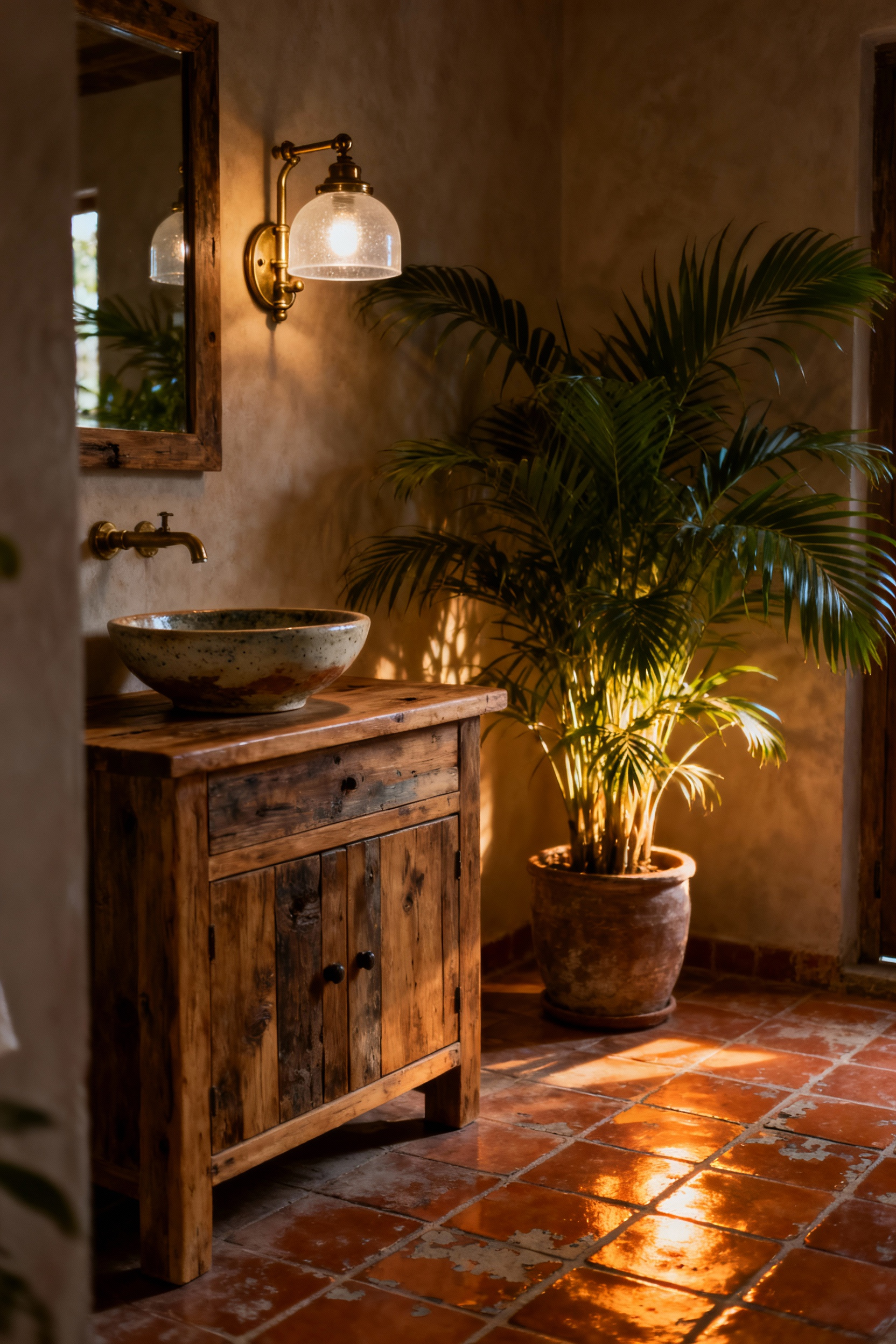 Bohemian bathroom with warm, diffused, moody lighting from a vintage sconce, casting soft shadows on a reclaimed wood vanity and potted fern, creating an intimate atmosphere.