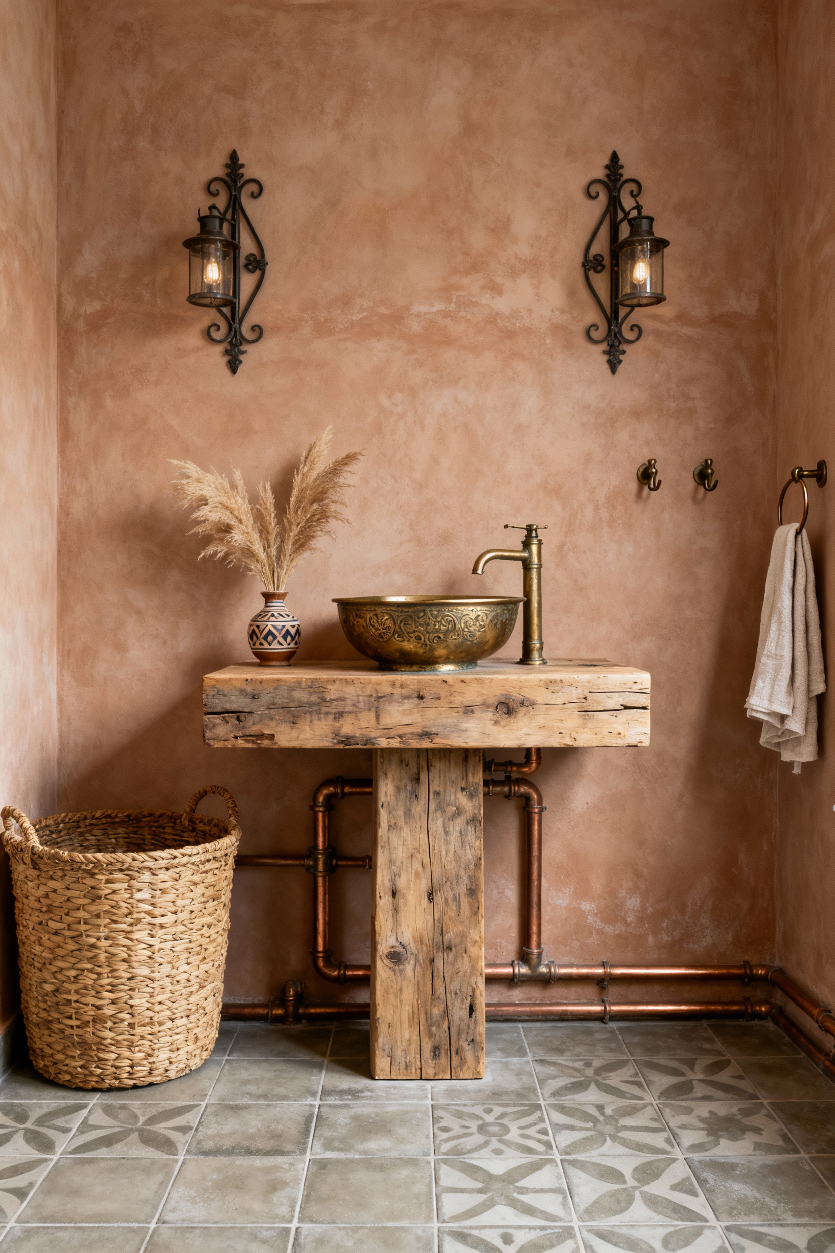 Bohemian bathroom interior showing a blend of aged brass pedestal sink, reclaimed wood vanity, copper piping, wrought iron sconces, and woven rattan, enhancing visual depth.