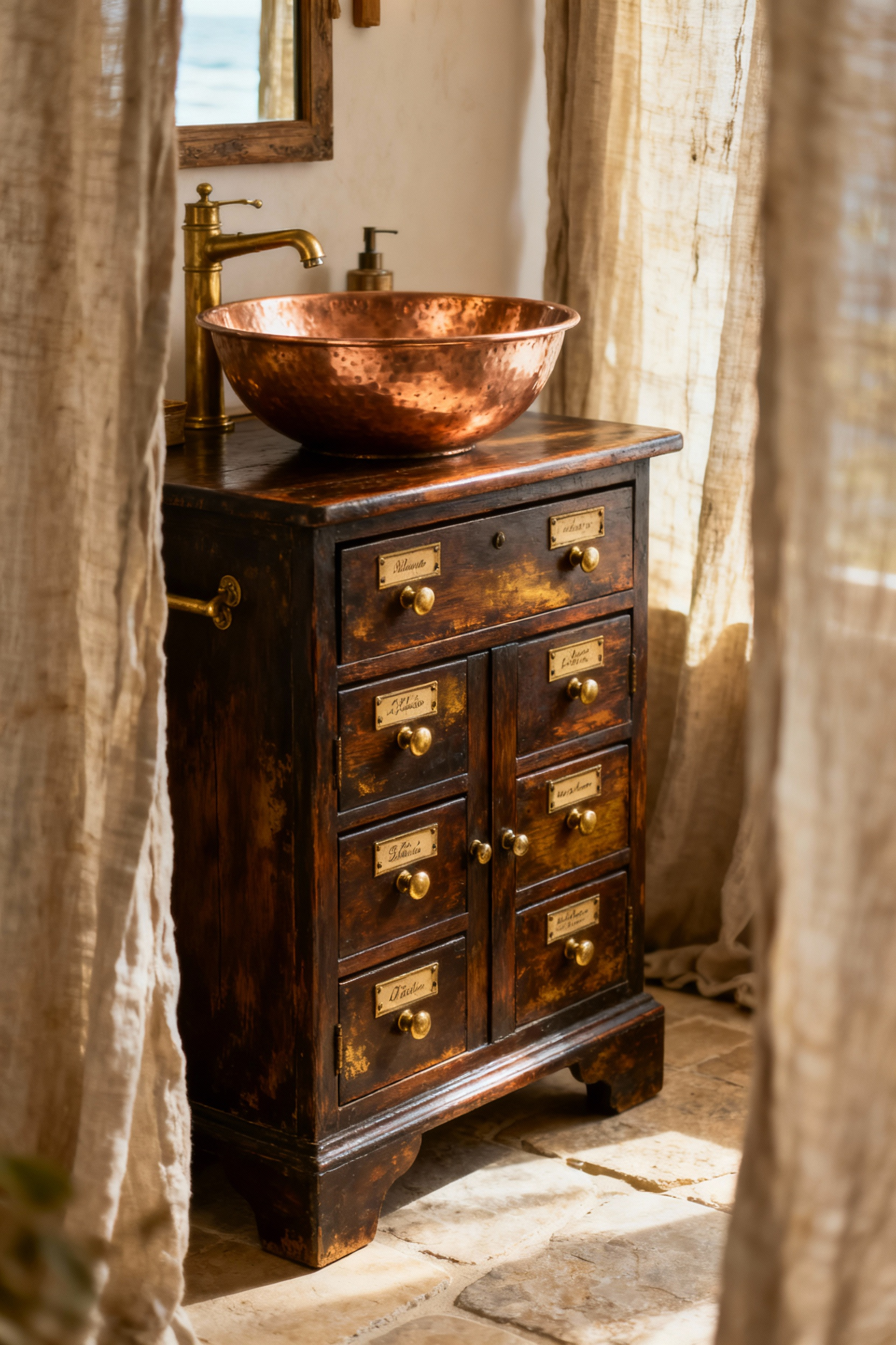 Bohemian bathroom featuring a repurposed antique apothecary cabinet as a vanity with a copper basin, showcasing thoughtful antique accents.