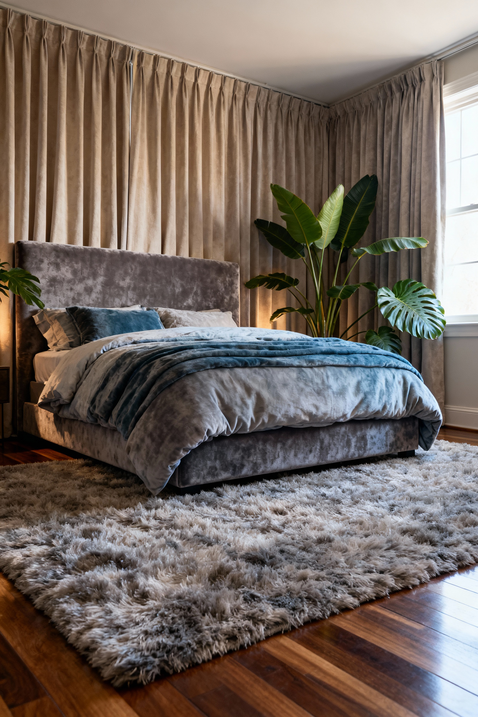 Bedroom interior featuring heavy drapes, plush rug, upholstered headboard, and large indoor plants, illustrating effective acoustical mitigation for deep relaxation.