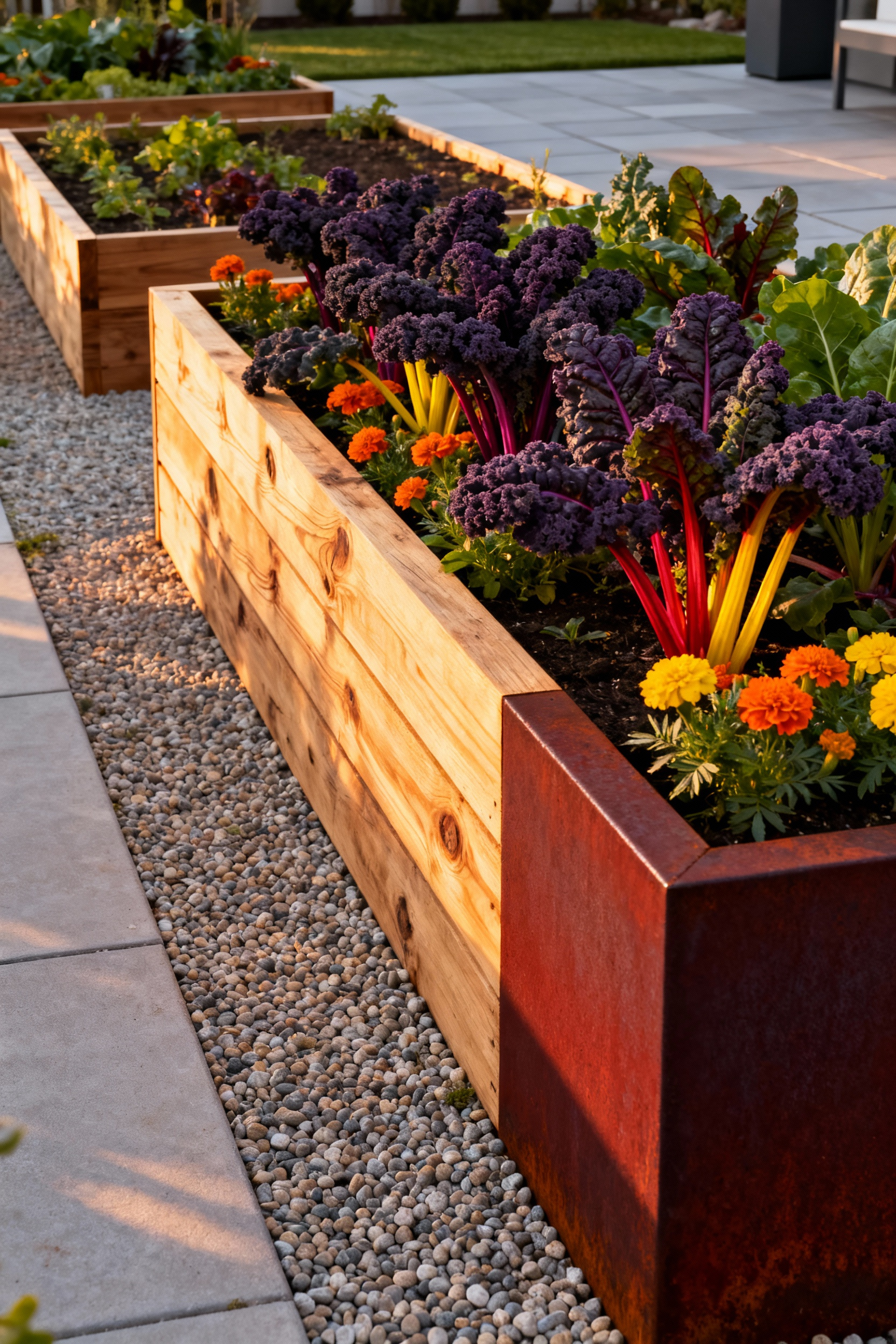 A modern backyard edible garden featuring contrasting untreated cedar and Corten steel raised beds filled with ornamental Swiss chard, purple kale, and vibrant orange marigolds.
