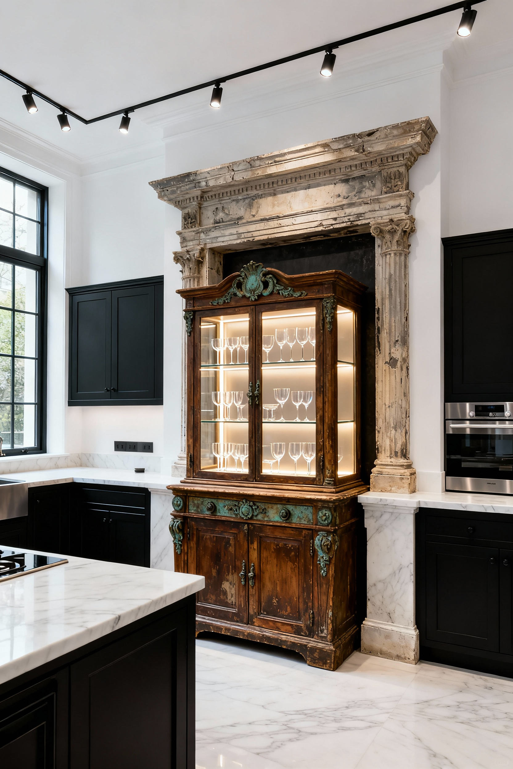 A modern luxury kitchen featuring an 18th-century French patisserie display cabinet as a focal point, integrated into sleek cabinetry with marble countertops and museum lighting. Antique architectural elements blend with contemporary design, showcasing historical accents.