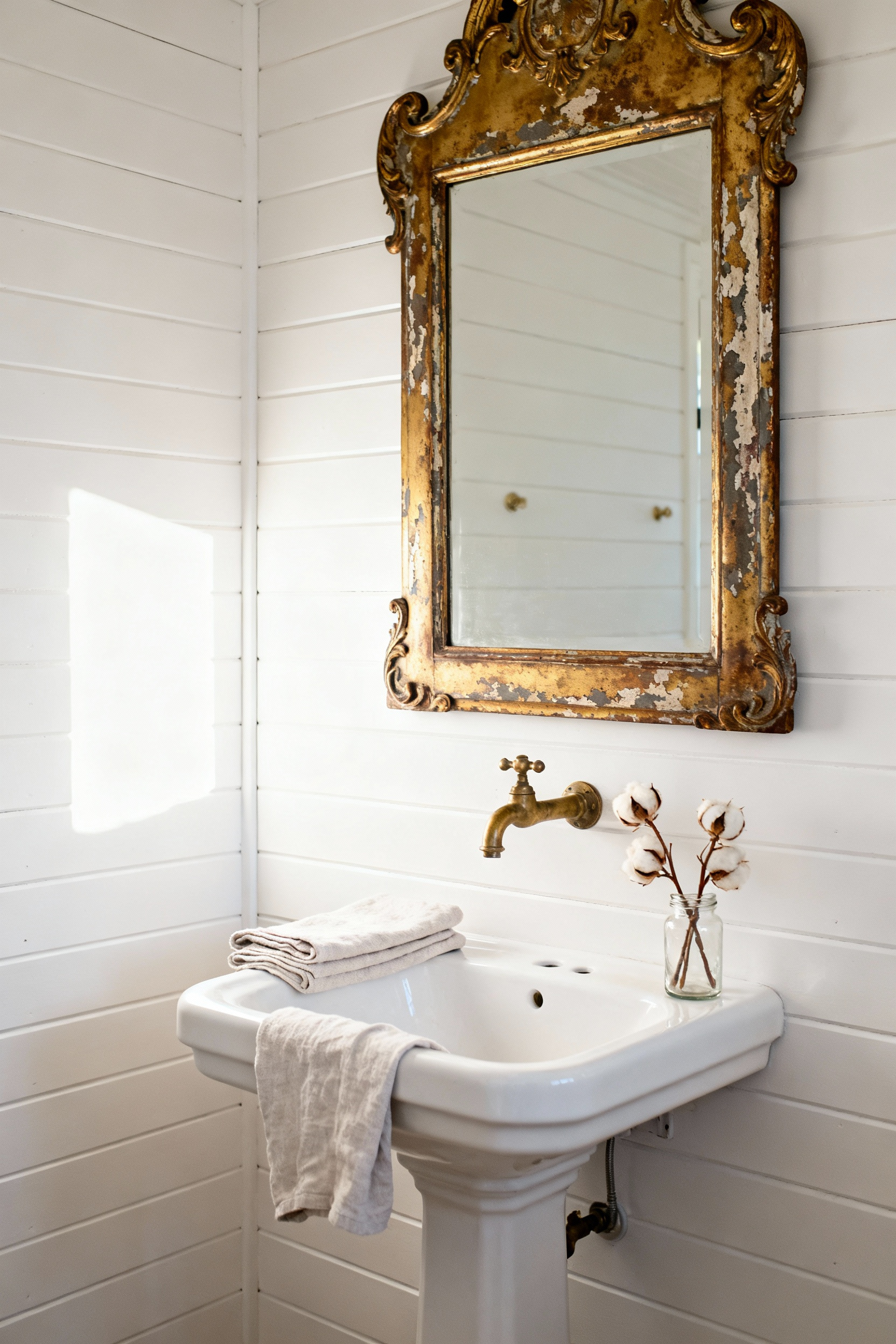 A bright cottage bathroom featuring a tall, ornate antique Louis Philippe gilt mirror with chipped edges, contrasting beautifully against white shiplap walls above a simple pedestal sink.