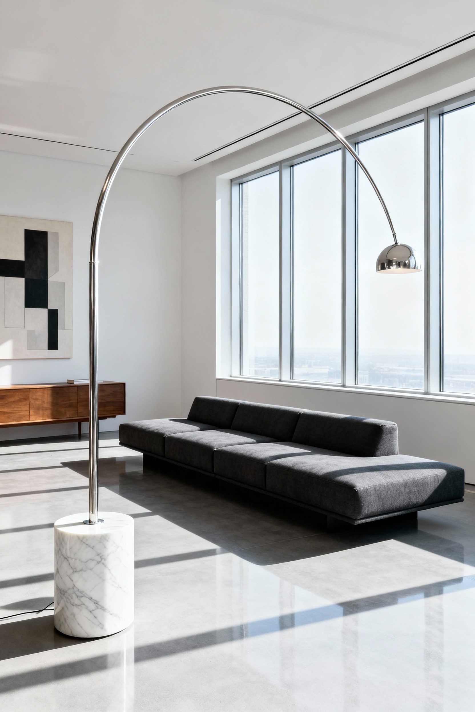 Authentic Castiglioni Arco Floor Lamp with its massive Carrara marble base and stainless steel arc positioned as the centerpiece in a high-end, minimalist modern living room.