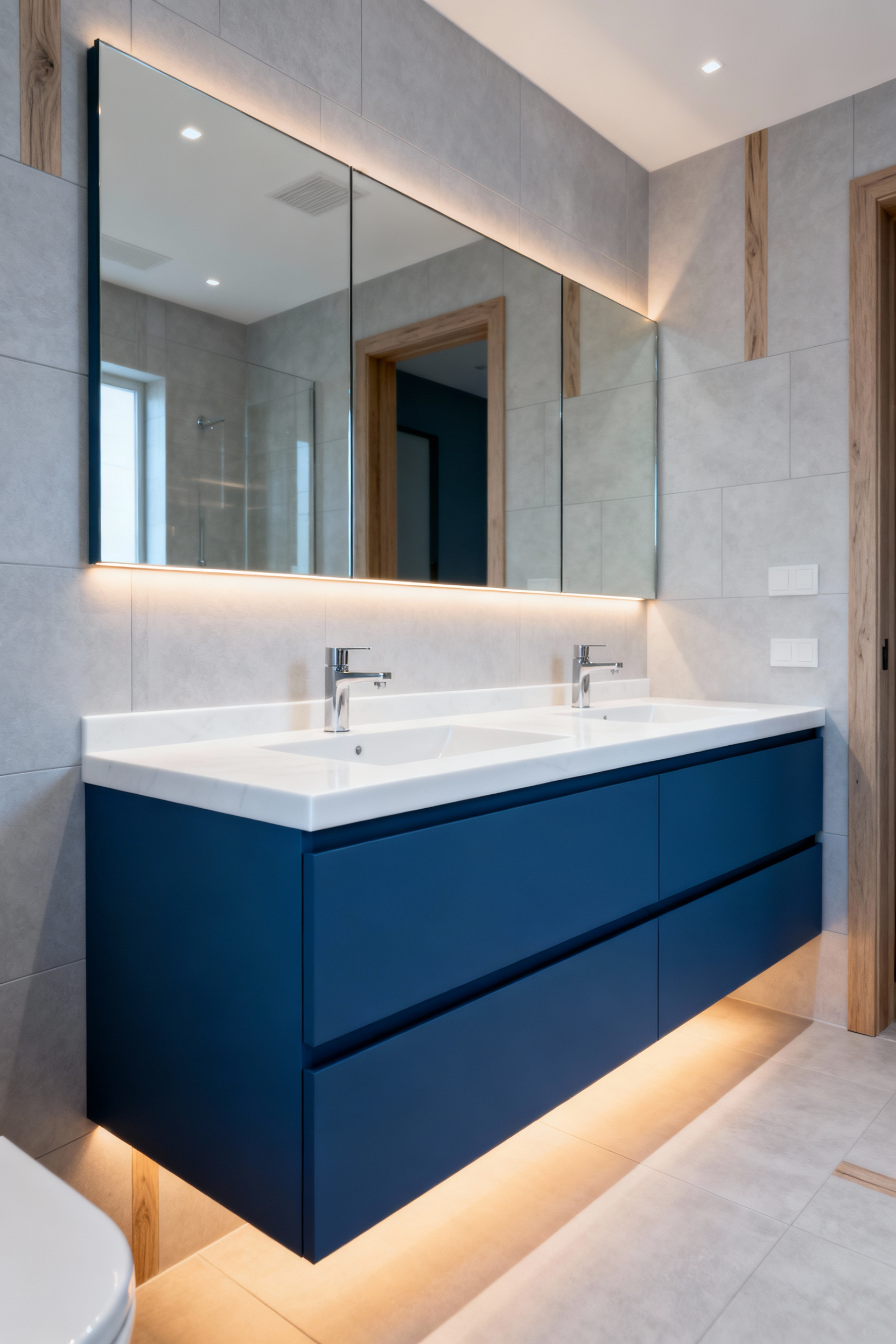 Architectural photo of a modern bathroom featuring a floating Arctic White vanity. Warm (3300K) LED lighting integrated beneath the vanity and around the mirror neutralizes the vanity’s cool, blue undertones, demonstrating proper lighting balance.