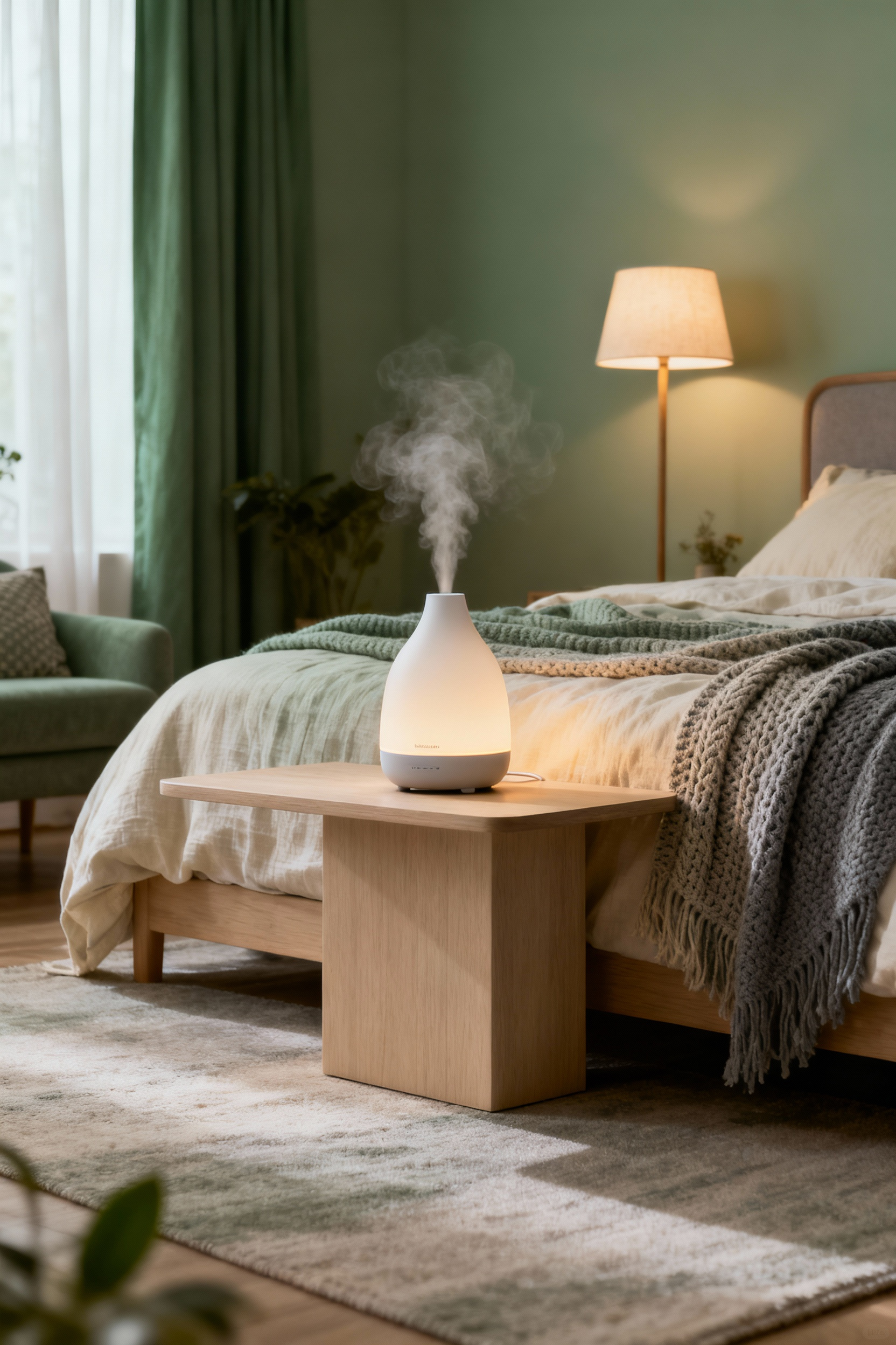 Aromatic essential oil diffuser creating a relaxing and cozy atmosphere in a modern bedroom sanctuary with soft lighting and plush textiles.