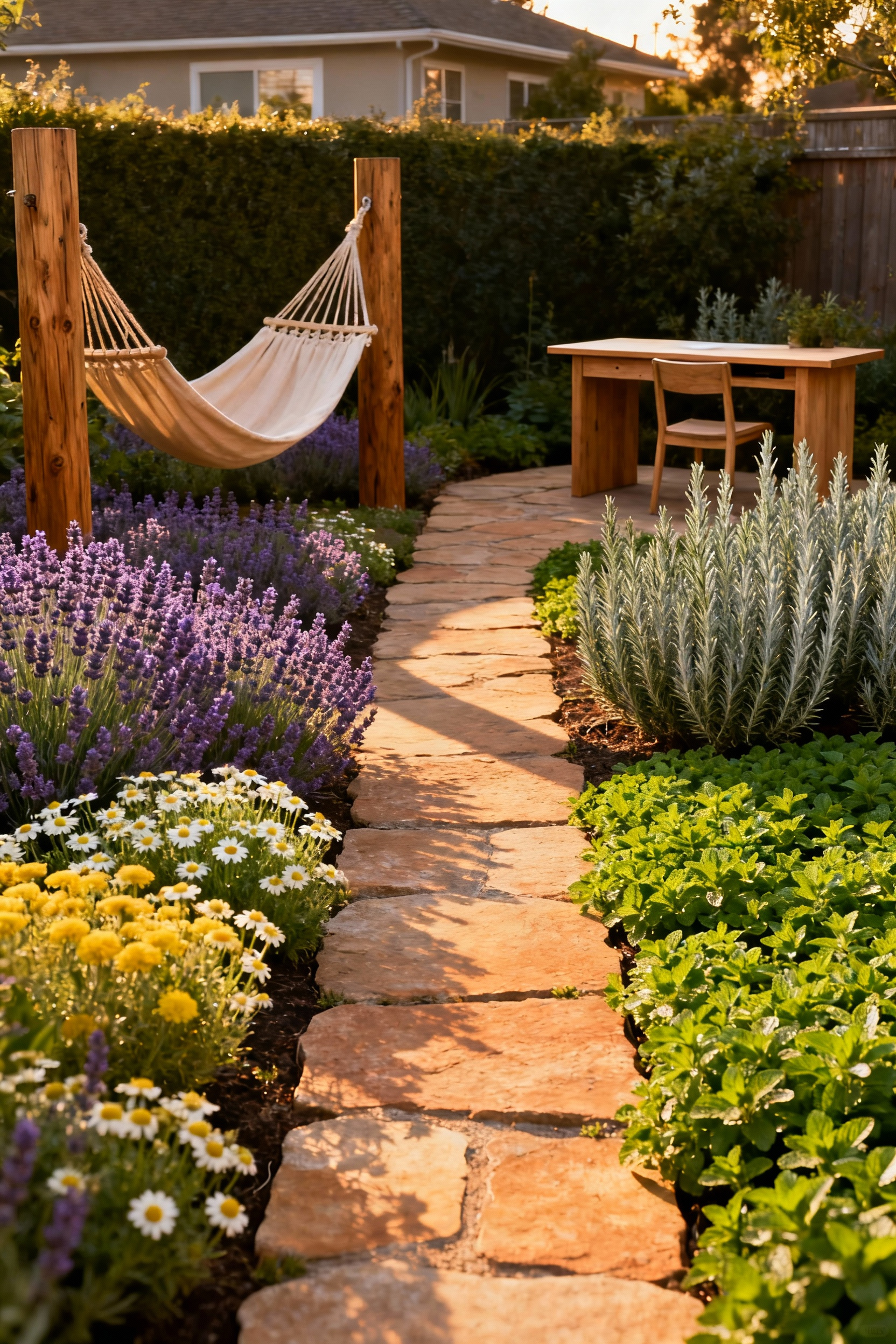 A modern backyard garden illustrating aromatherapy mapping, clearly divided into a calming relaxation zone featuring lavender and a hammock, and an invigorating workspace zone defined by rosemary and an outdoor desk.