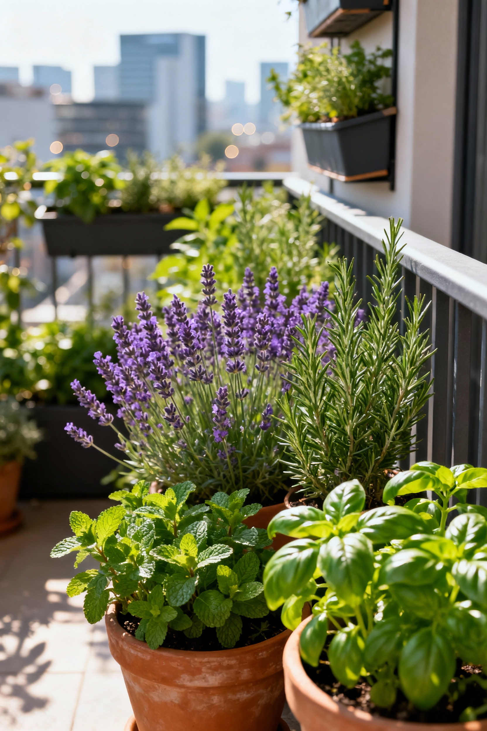 A beautifully arranged balcony garden showcasing a diverse collection of aromatic herbs like lavender, rosemary, mint, and basil in stylish planters, illuminated by soft natural light for culinary and therapeutic use.