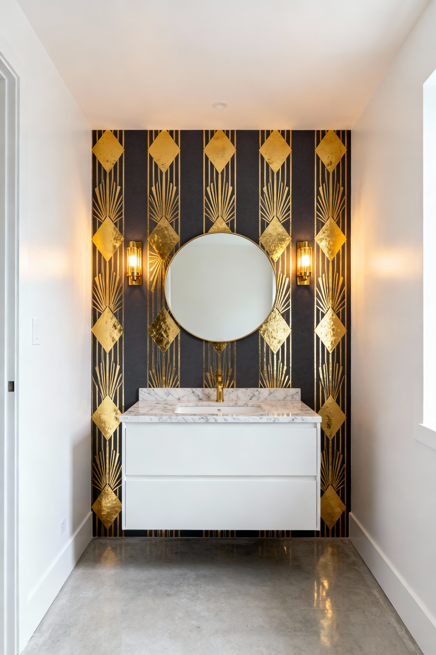 A boxy bathroom transformed by Art Deco geometric wallpaper featuring sharp, metallic gold vertical lines and diamonds behind a floating vanity and frameless mirror.
