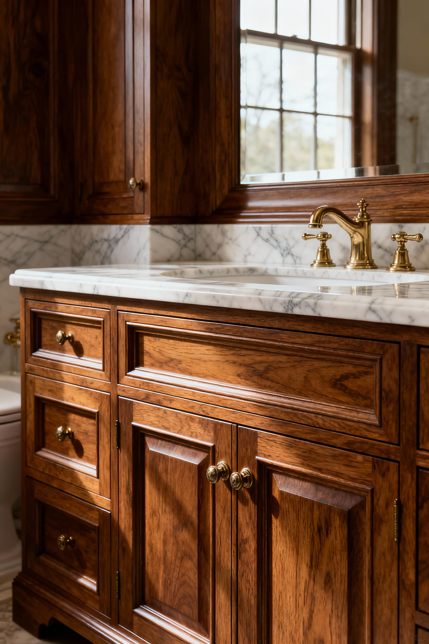 Elegant traditional bathroom featuring a custom-built, dark stained solid wood vanity with intricate recessed panel doors, brass hardware, and a white marble countertop, showcasing high-quality artisanal cabinetry and fine craftsmanship.