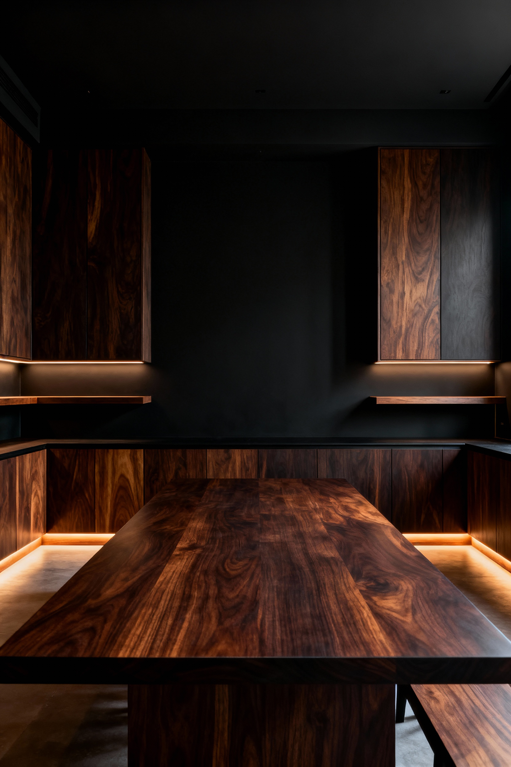 A professional photo of a luxurious black dining room featuring a deeply stained ebonized walnut dining table, wenge wall paneling, and floating shelves with accent lighting, emphasizing timeless elegance and tactile warmth.