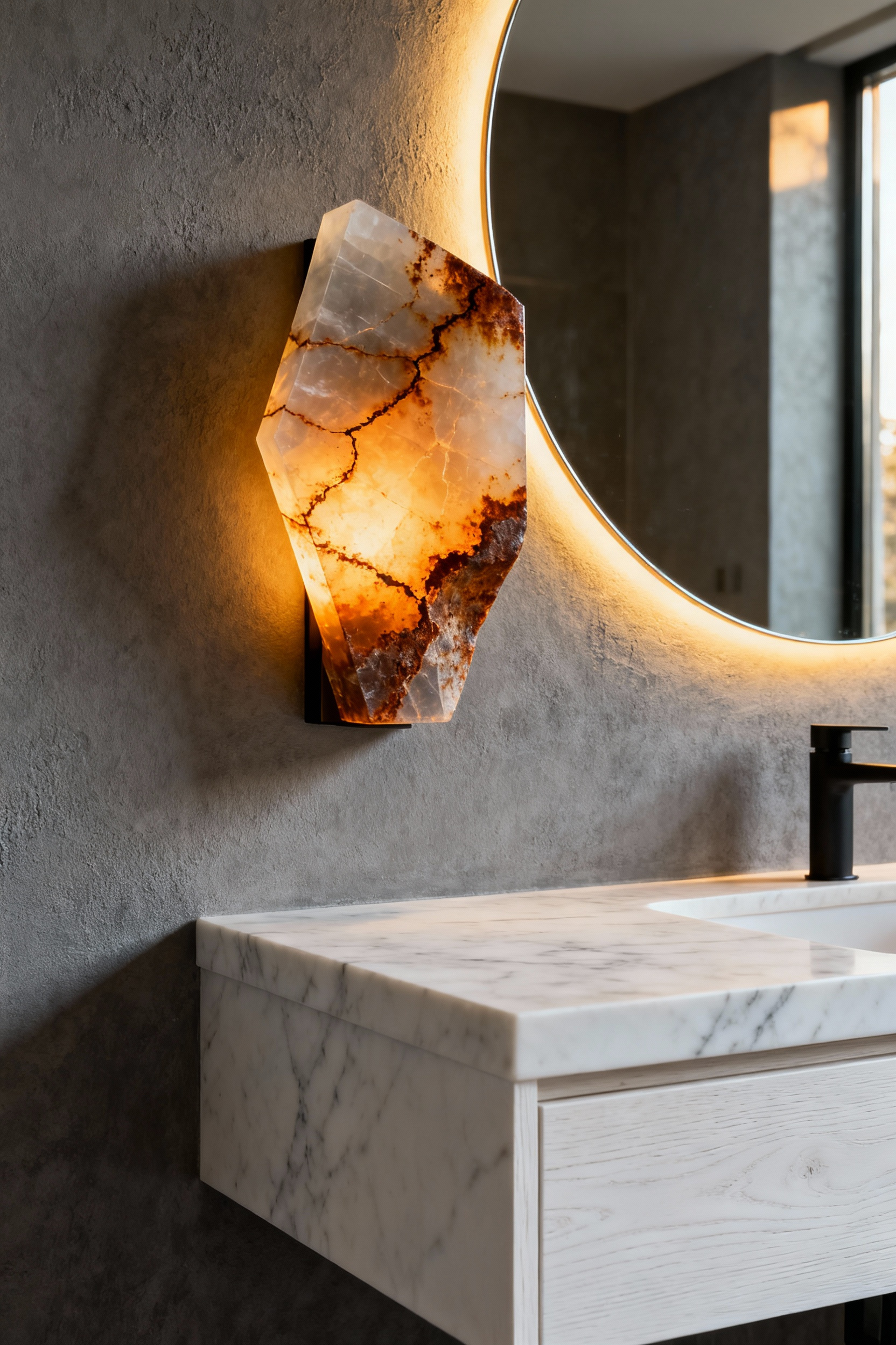 Luxurious minimalist bathroom featuring a unique, asymmetric onyx sculptural lighting fixture mounted above a floating wood vanity with a marble countertop.