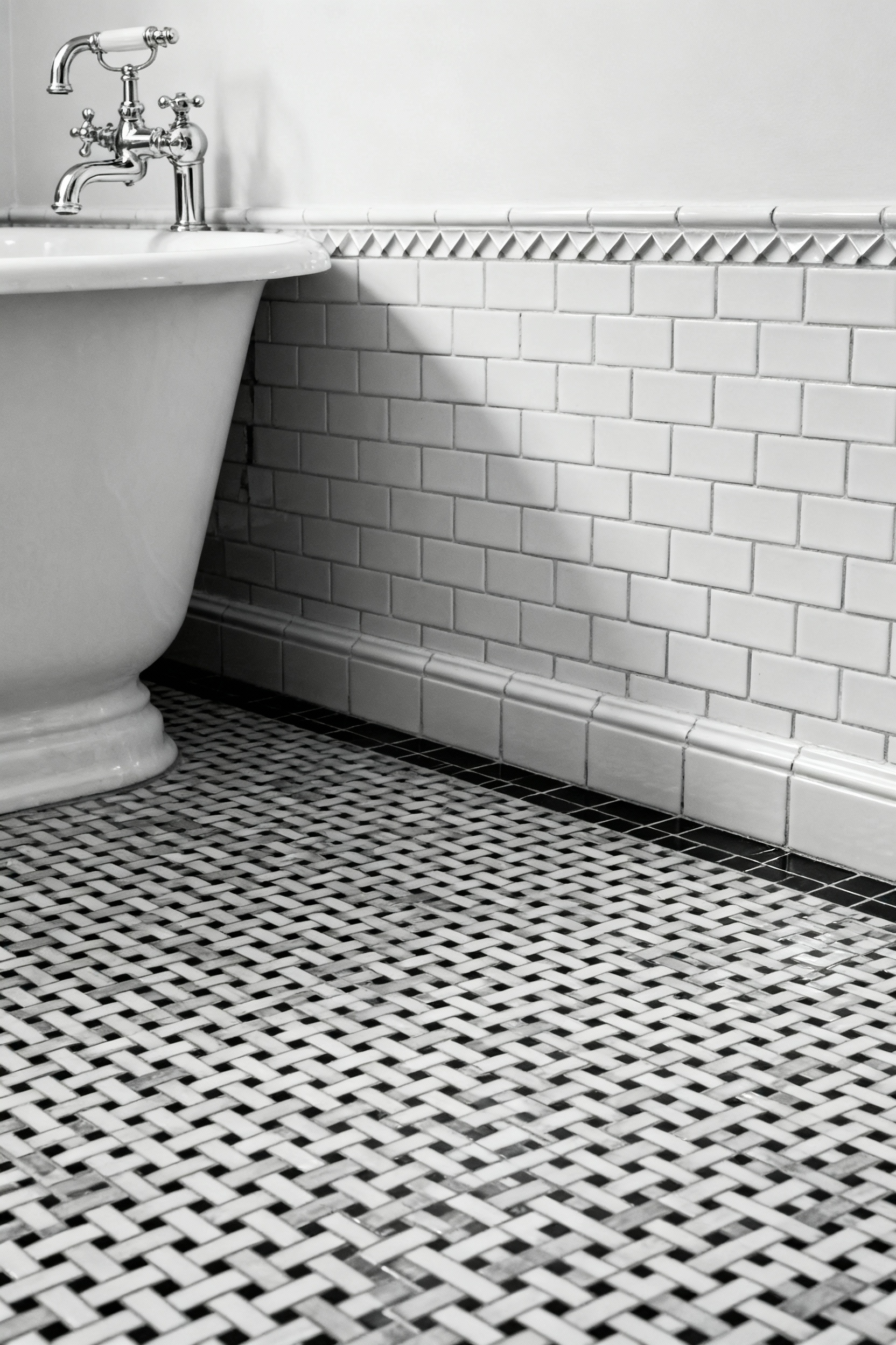 Elegant traditional bathroom floor with black and white basketweave vitrified porcelain tiles, white beveled subway tile wainscoting, a polished nickel faucet, and a white ceramic sink, showcasing authentic tile selection.