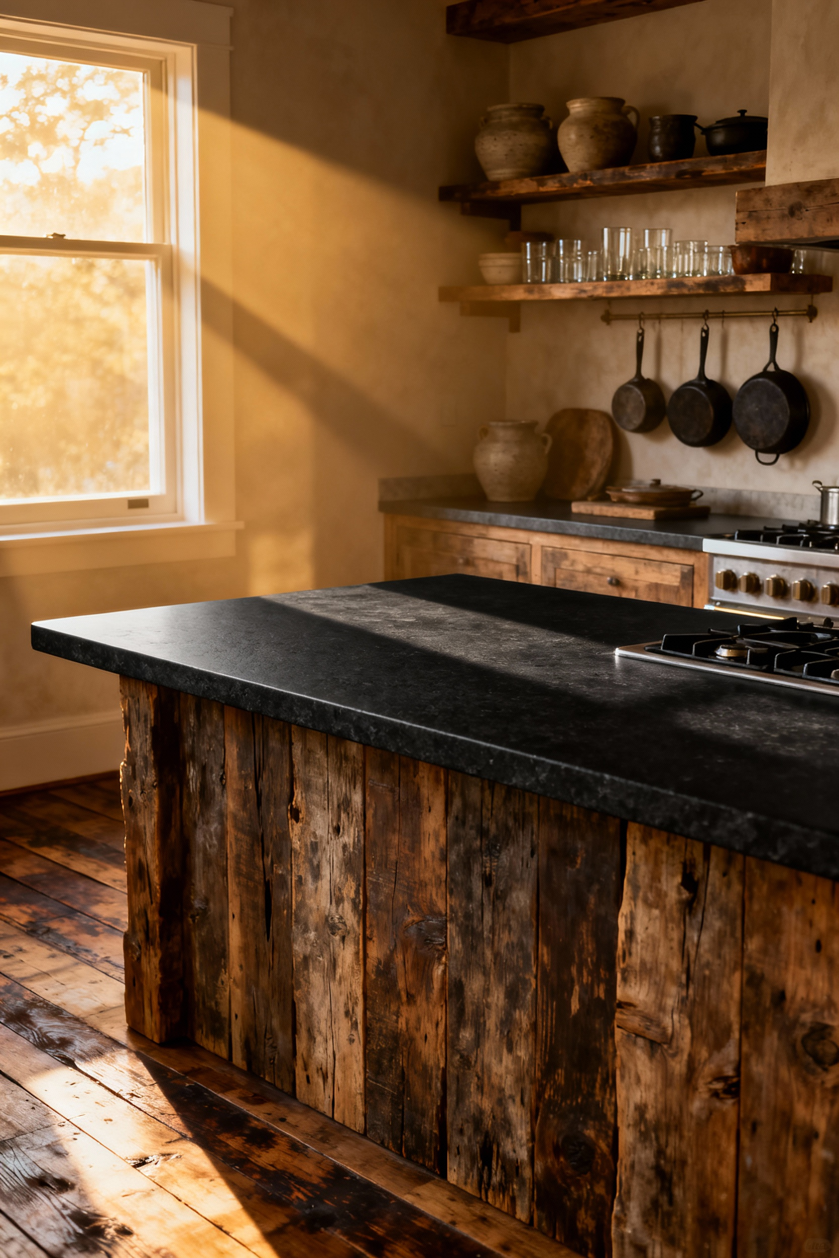 Authentic rustic kitchen interior featuring a massive island made of reclaimed wood, dark soapstone countertops, and warm golden lighting, emphasizing durable, aged materials and traditional resourcefulness.