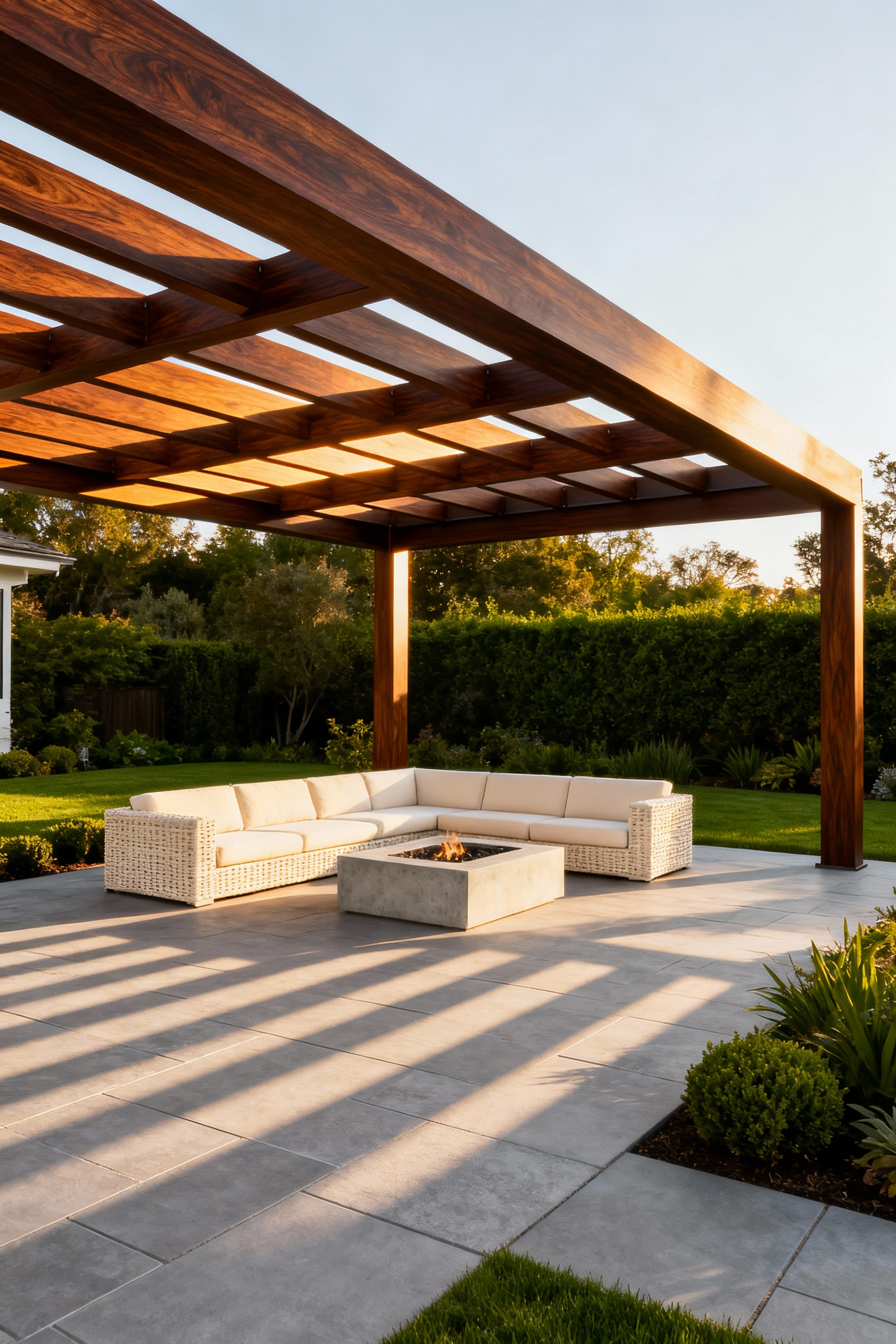 Modern back porch pergola made of dark aluminum hybrid material replicating rich walnut timber grain, shading a contemporary cream patio sectional during golden hour.