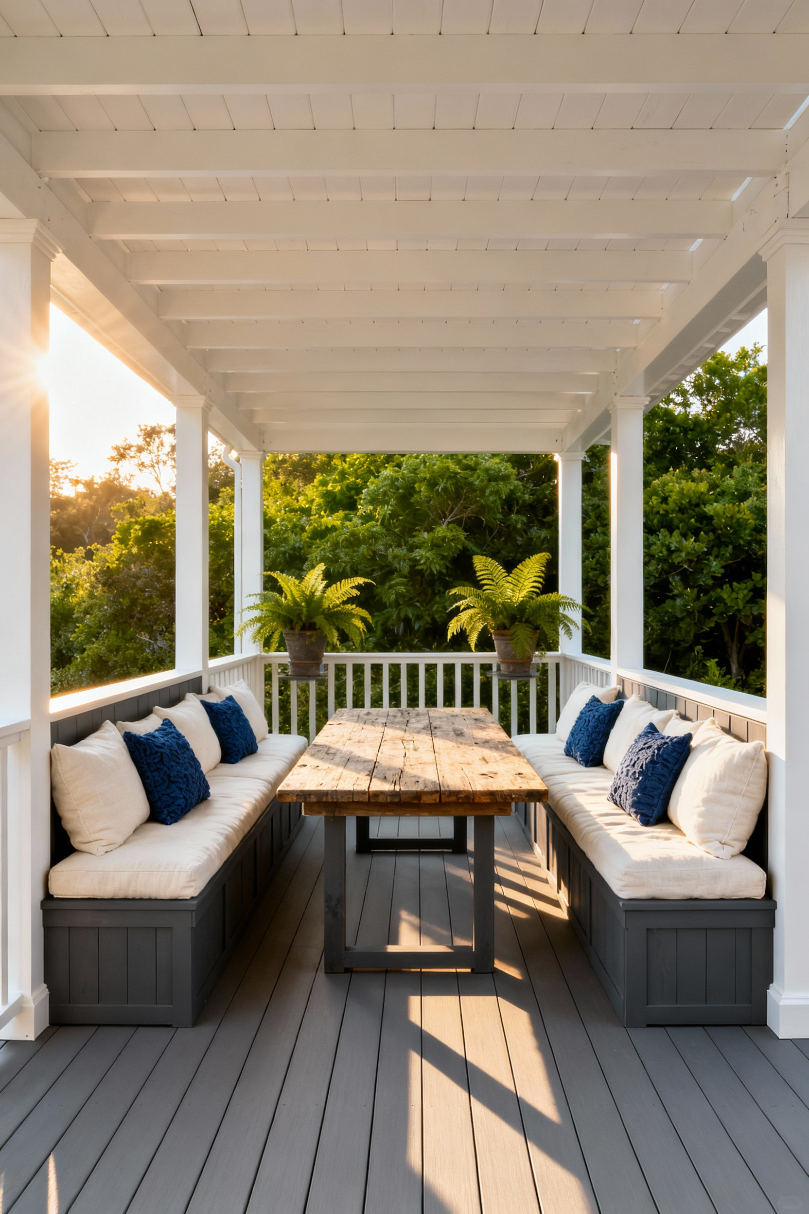Full view of a back porch featuring a white pergola and dark built-in banquettes along the perimeter, demonstrating efficient space utilization around a central wooden dining table during golden hour.