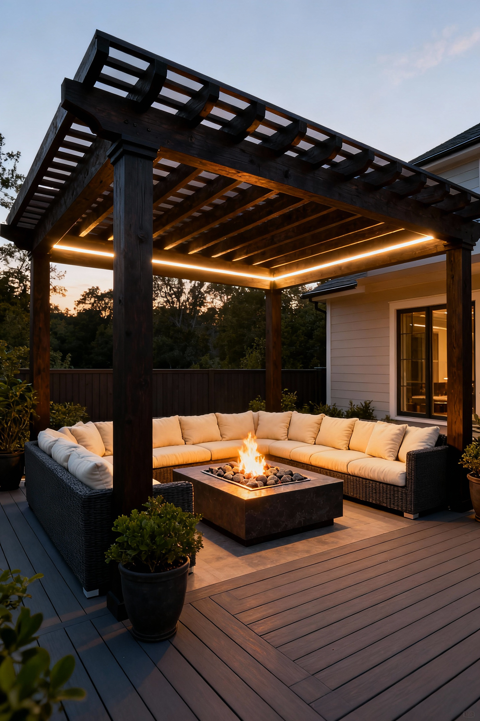 A luxurious back porch pergola defining an outdoor living room space centered around a glowing linear gas fire pit, with comfortable sectional seating arranged communally beneath the structure at twilight.