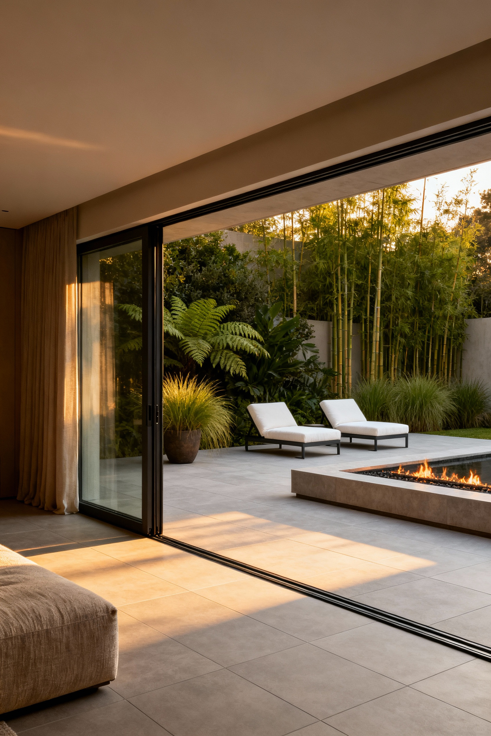 A sunlit patio and living room with matching, continuous flooring illustrating the seamless design flow between indoor and outdoor spaces.