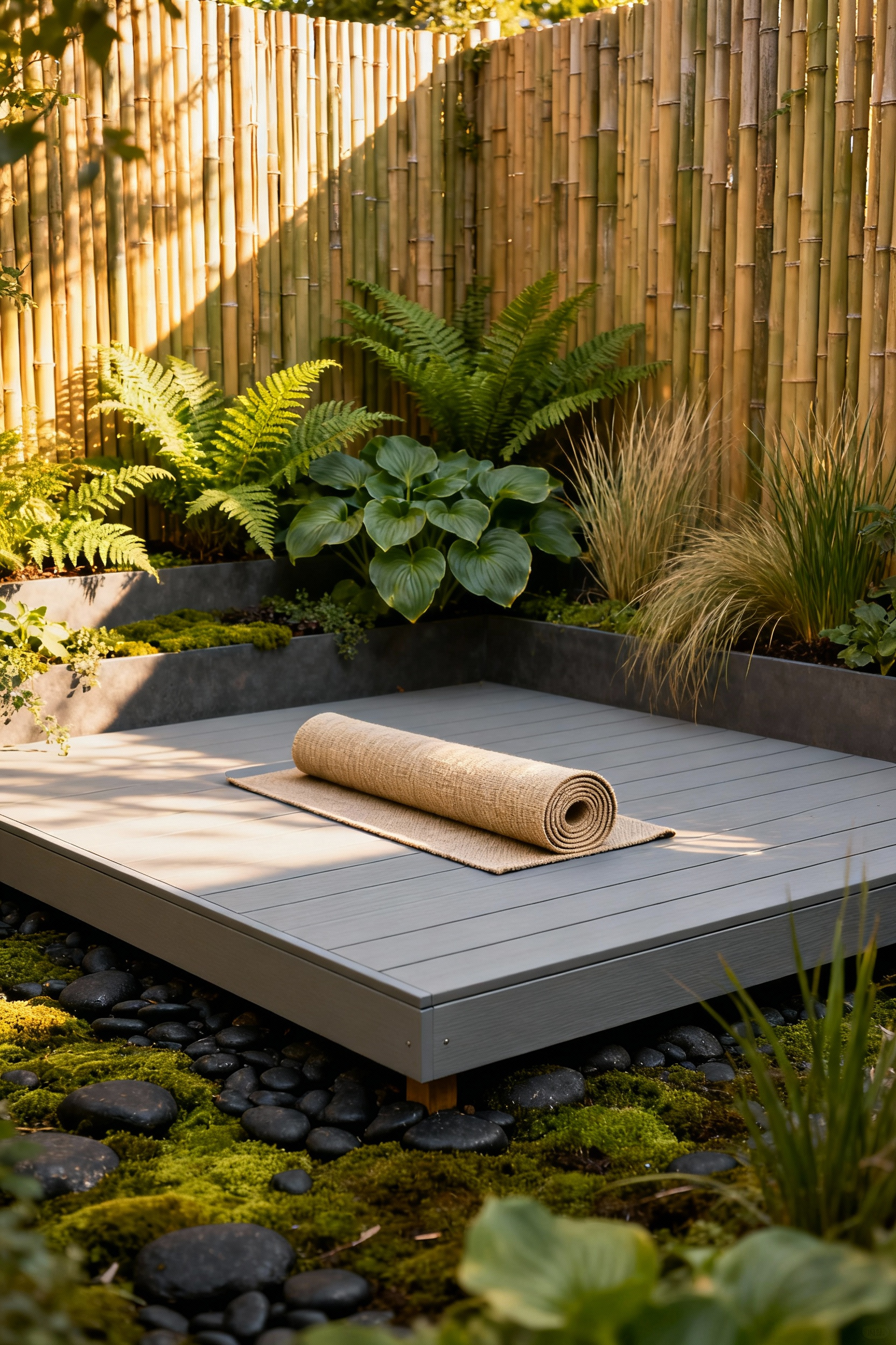 A tranquil, custom-built outdoor yoga and meditation deck made of smooth composite wood, secluded by lush tiered garden plantings and a bamboo privacy screen in a minimalist back yard setting.