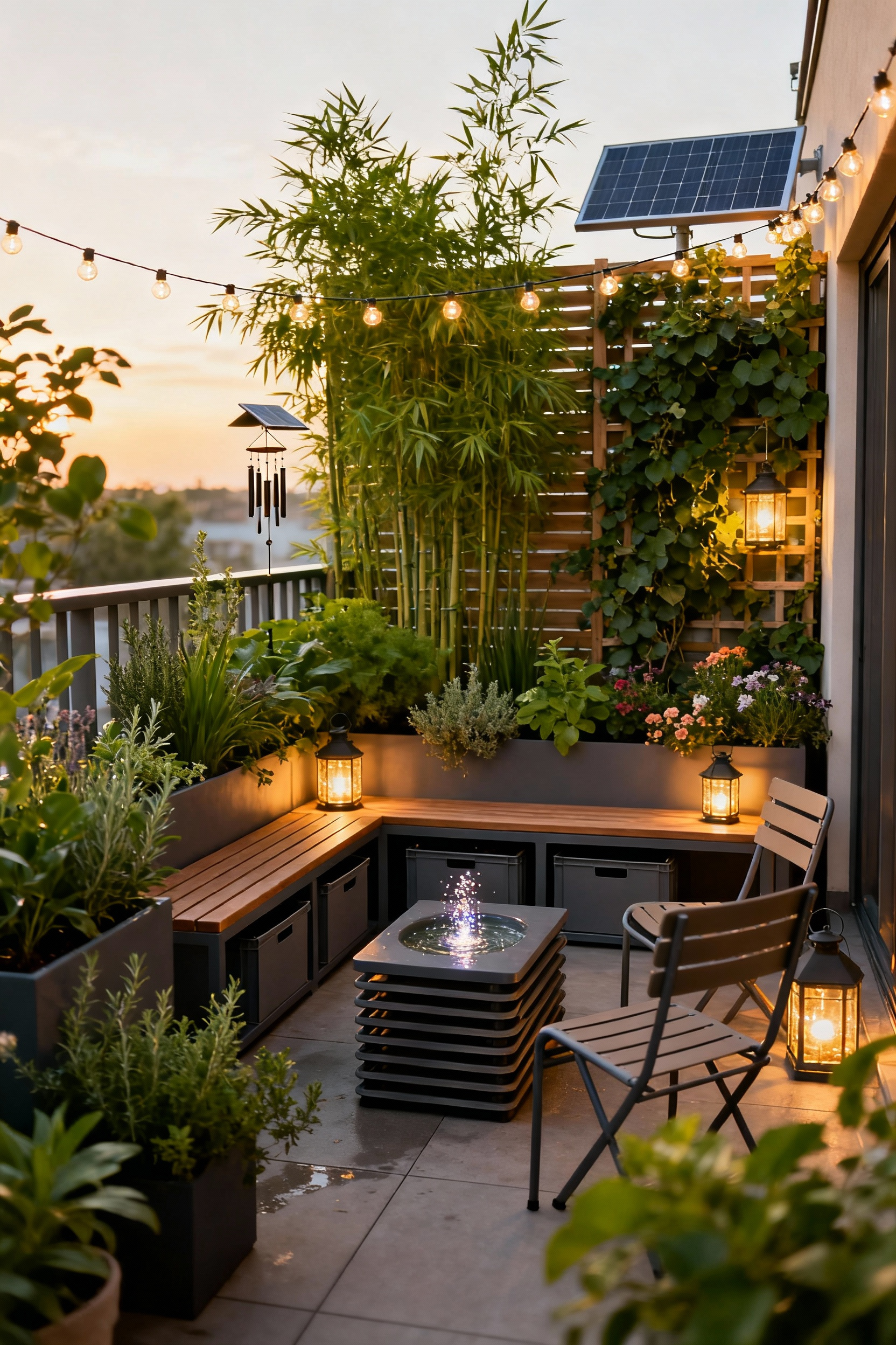 A beautifully arranged balcony garden set for intimate social gatherings, featuring lush greenery, ambient lighting, comfortable modular furniture, and natural privacy screens.