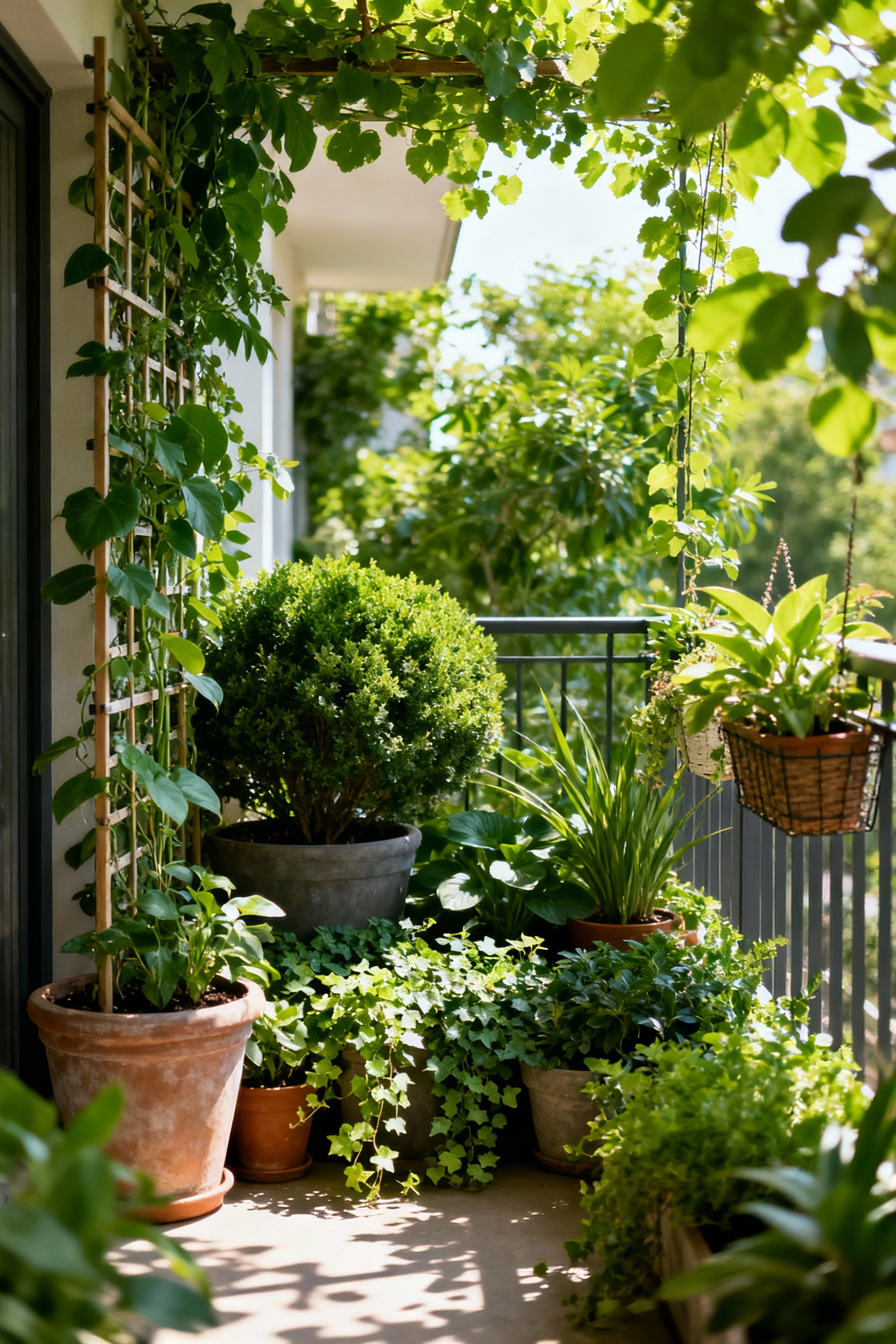 A multi-dimensional balcony garden featuring diverse layered foliage, showcasing tall, mid-height, and low plants. Dappled sunlight highlights the visual depth and creates a natural, serene green retreat.