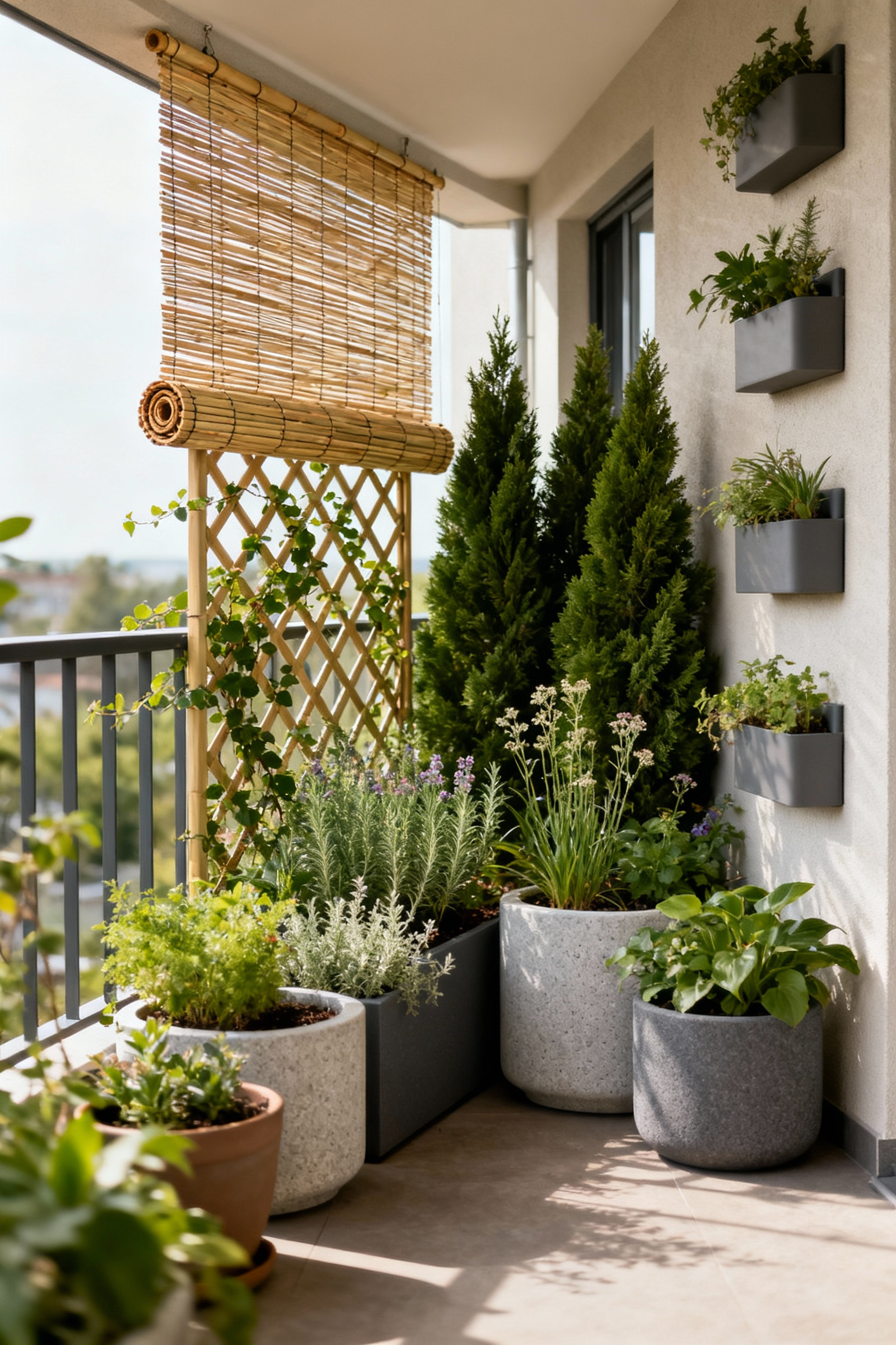 A meticulously designed balcony garden showing various plant groupings, insulated planters, and a retractable bamboo screen to manage seasonal micro-climates. Tall evergreen shrubs provide a windbreak for delicate herbs and flowers, under soft, natural lighting. No people are present.
