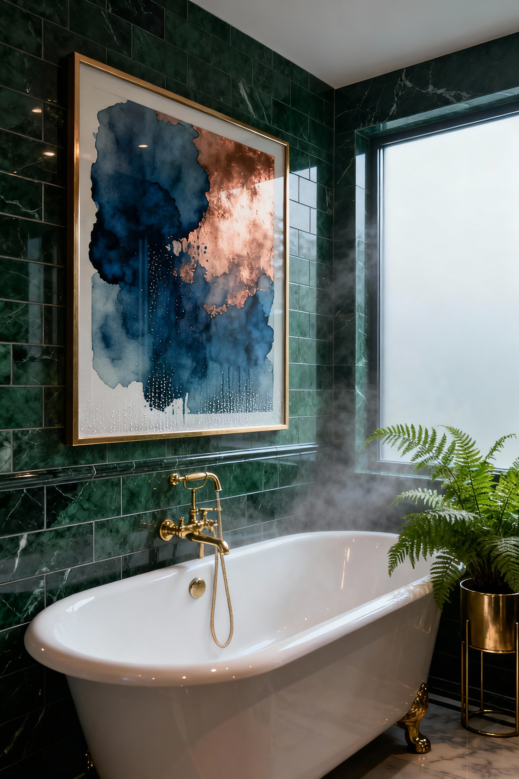 High-resolution photograph of framed abstract art hanging above a soaking tub in a luxurious, humid bathroom, illustrating the subtle dangers of trapped moisture and condensation on art preservation.