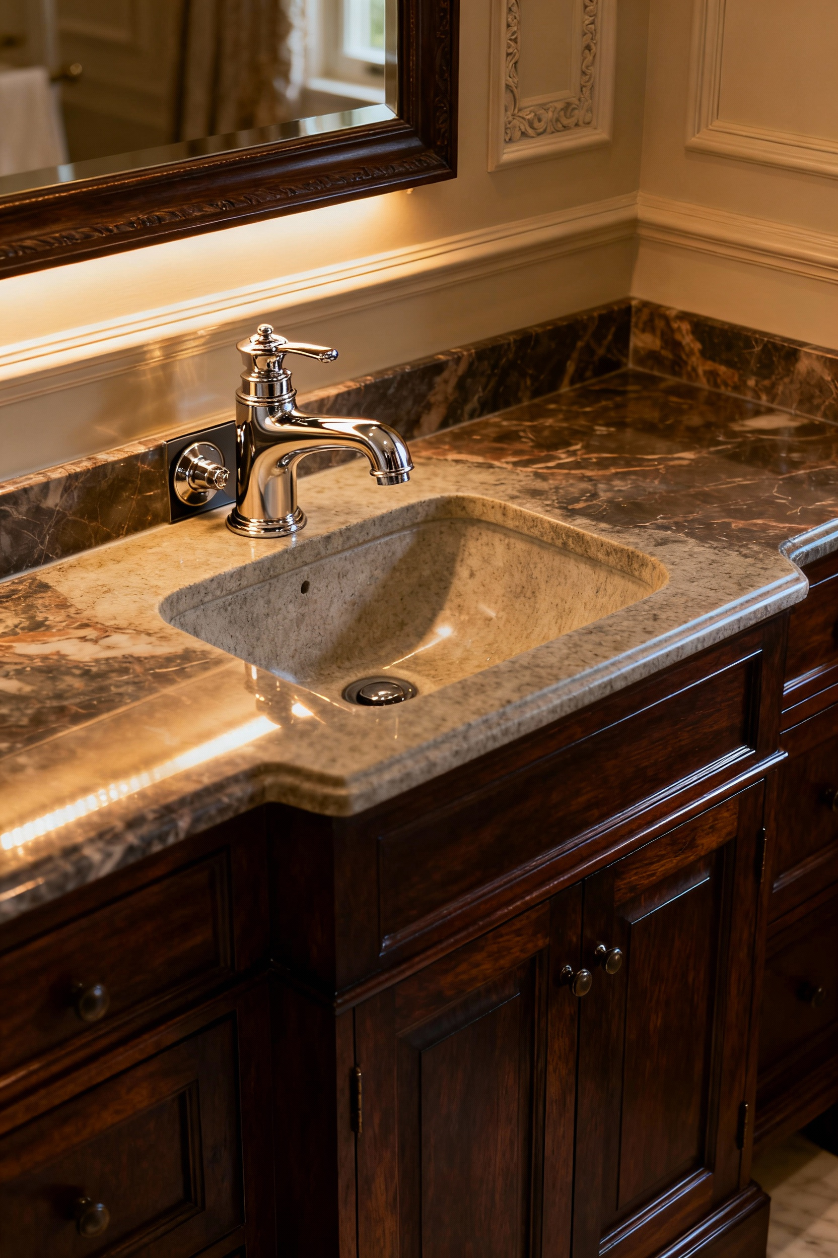 Elegant filtered water tap with a polished nickel finish subtly integrated into a dark wood custom vanity in a luxurious traditional bathroom, demonstrating thoughtful placement of a modern hydration source.