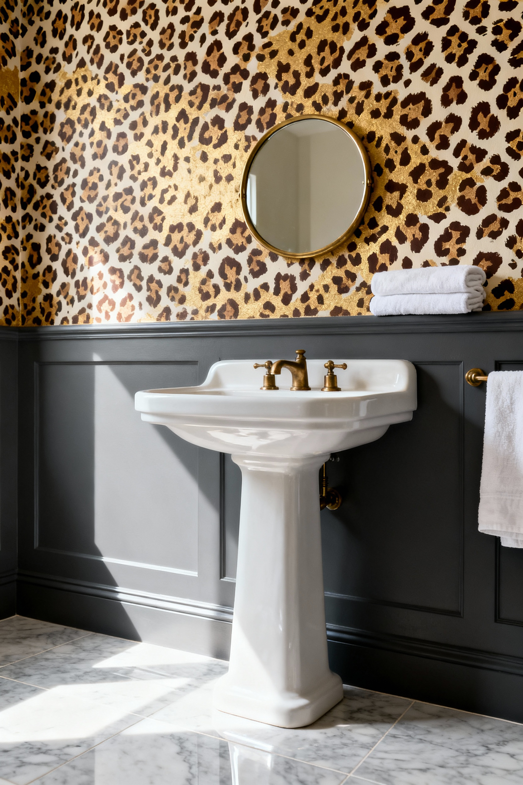 A sophisticated modern bathroom featuring warm-toned, chocolate brown and gold leopard print wallpaper above a charcoal gray wainscoting, paired with brushed brass fixtures and a white pedestal sink.
