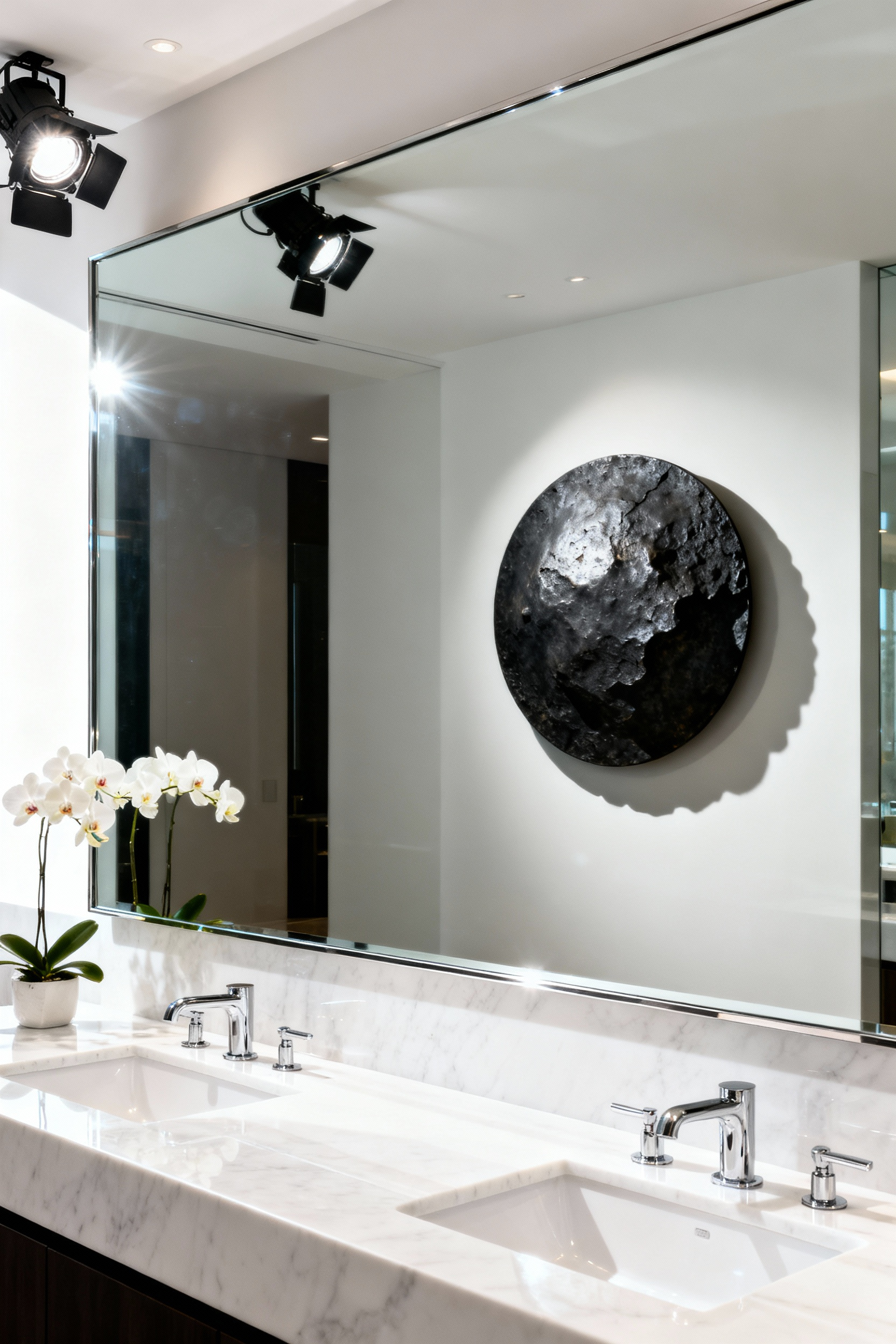 A modern bathroom featuring a frameless vanity mirror with a round, textured black art sculpture mounted directly onto the glass surface, demonstrating mirror-on-mirror layering decor.