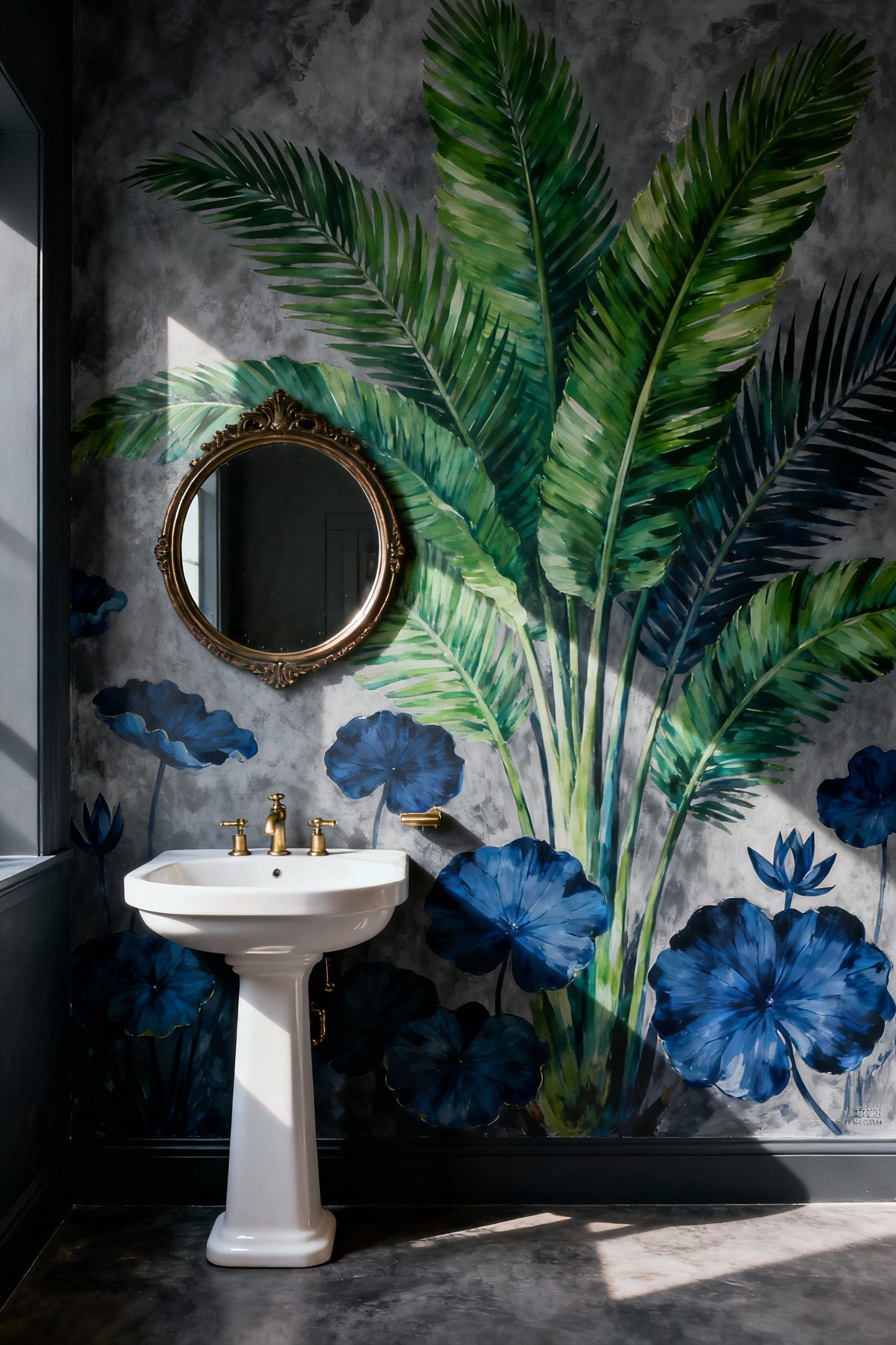 Small powder room featuring a dramatic floor-to-ceiling mural of oversized, widely spaced navy and emerald botanical leaves, creating a sense of expanded visual depth around a white pedestal sink.