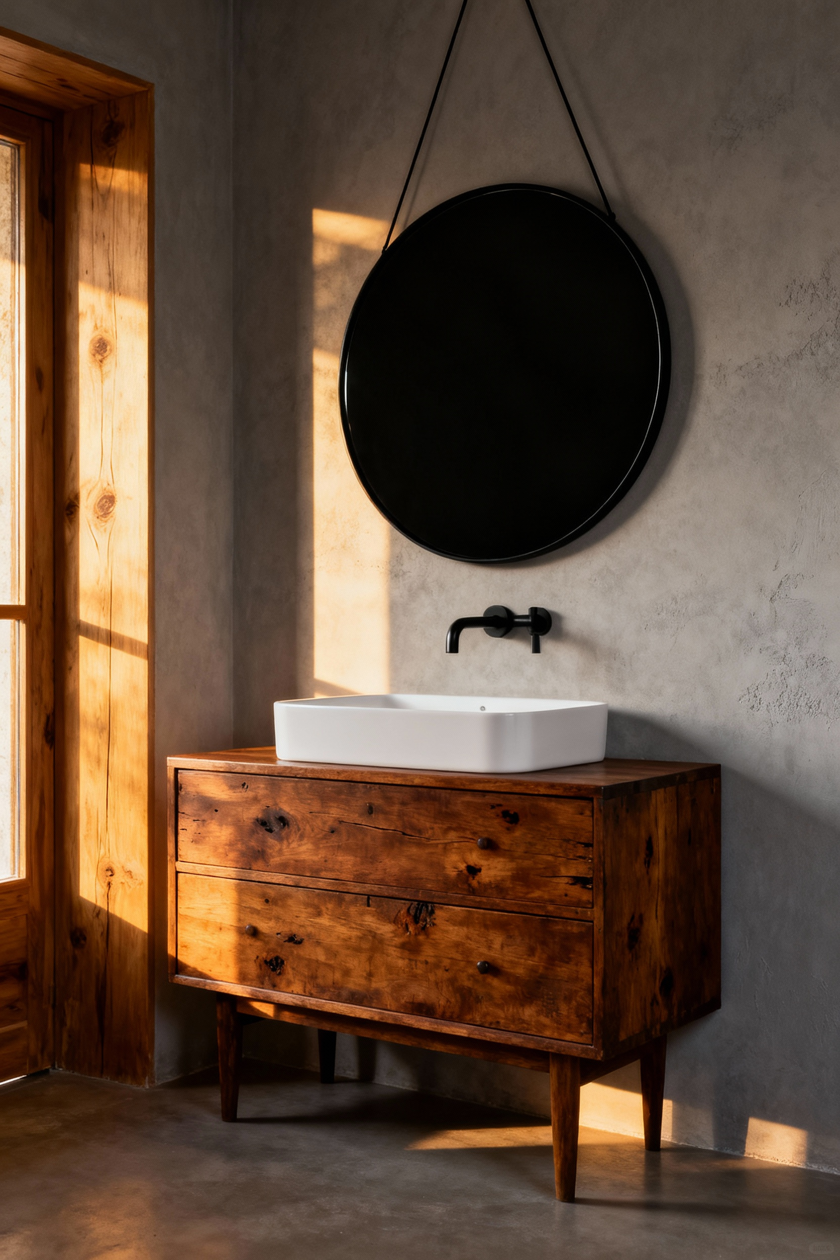 A modern bathroom vanity makeover featuring a restored, scarred mid-century oak vanity topped with a sleek, oversized round mirror, highlighting the intentional contrast between aged wood texture and contemporary shapes.