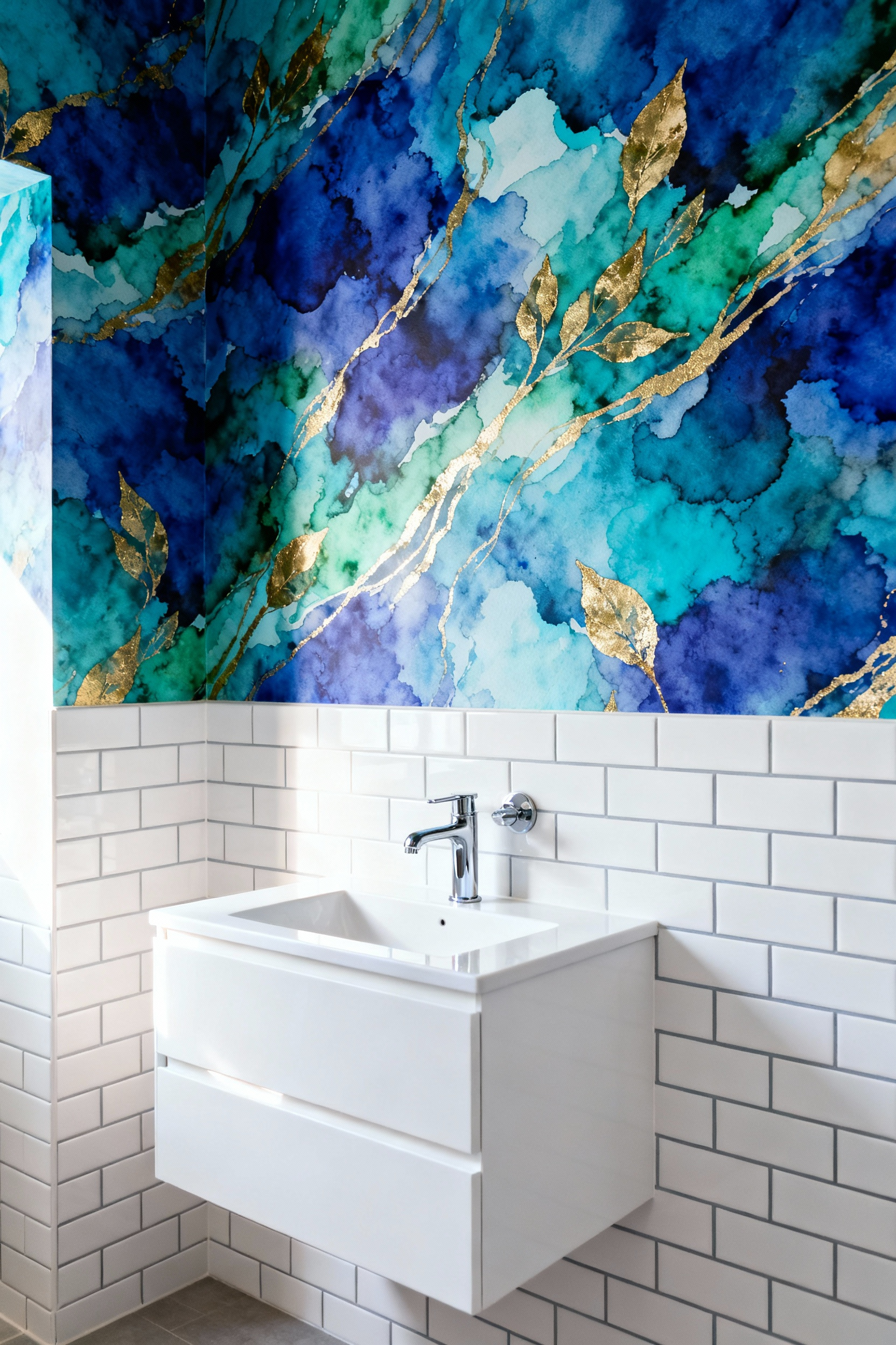 A modern bathroom interior showing the visual tension created by pairing rigid white subway tile on the lower wall with vibrant, fluid abstract watercolor wallpaper in blues and greens on the upper wall.