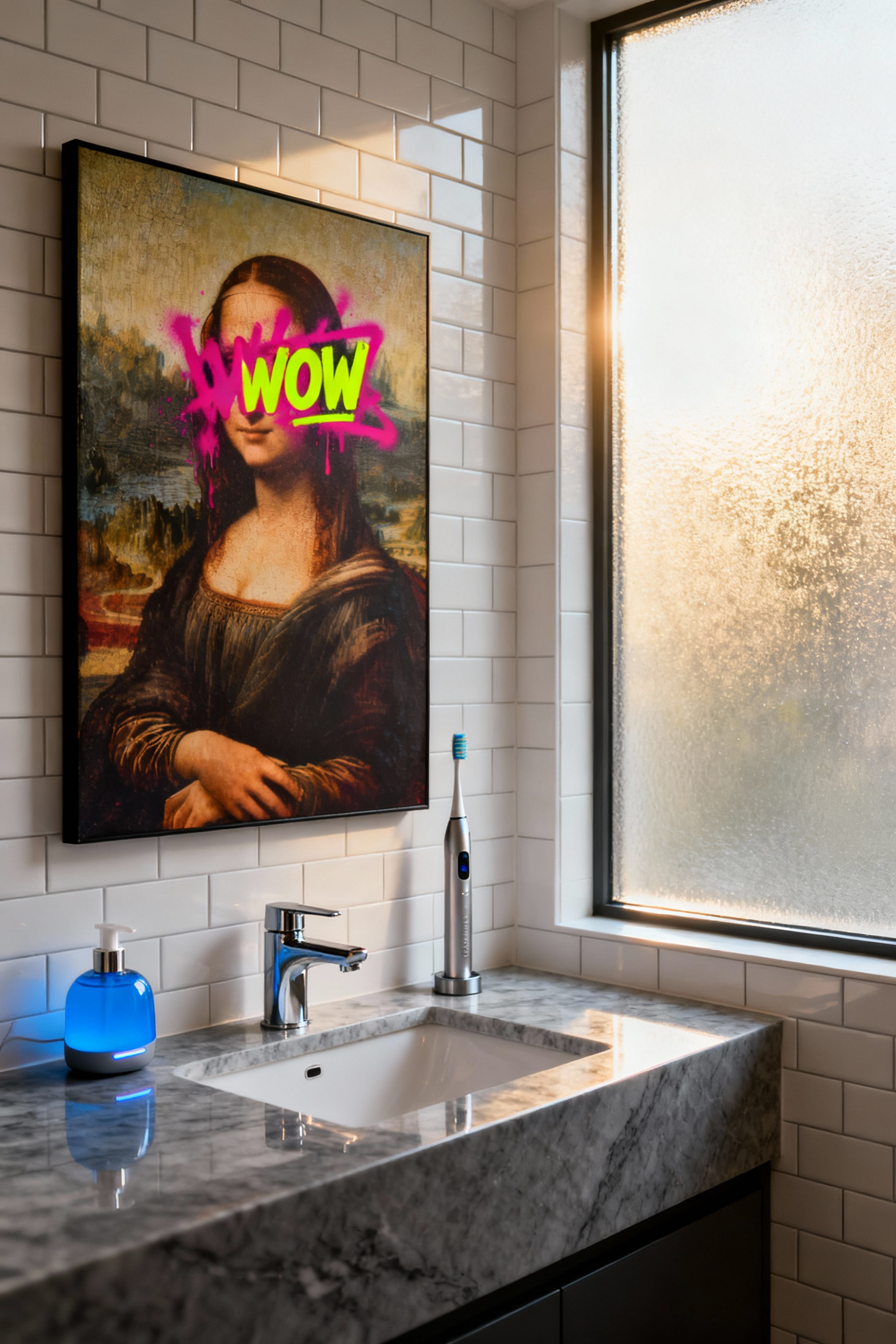 Full view of a modern bathroom with a grey marble vanity and white subway tile walls. A large framed Renaissance portrait hangs above the sink, deliberately vandalized with vibrant magenta and neon yellow Pop Art graffiti, demonstrating the Era Collision decor style.